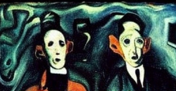 A painting depicting two characters with elongated faces and large ears, set against a dark, abstract background.