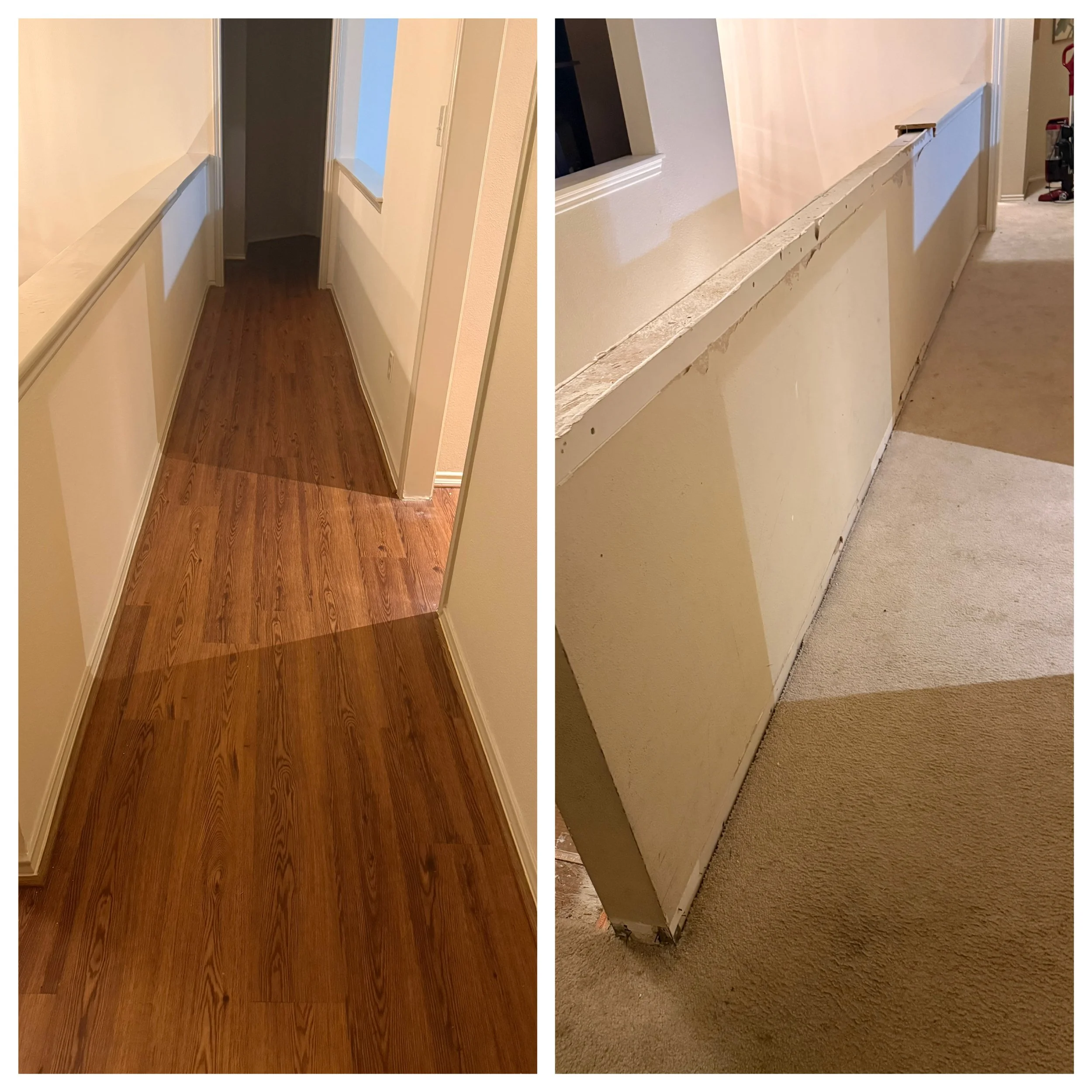 Houston hallway flooring upgrade featuring wood-look flooring installed to replace carpet during a home renovation by Sherman R.E. Properties