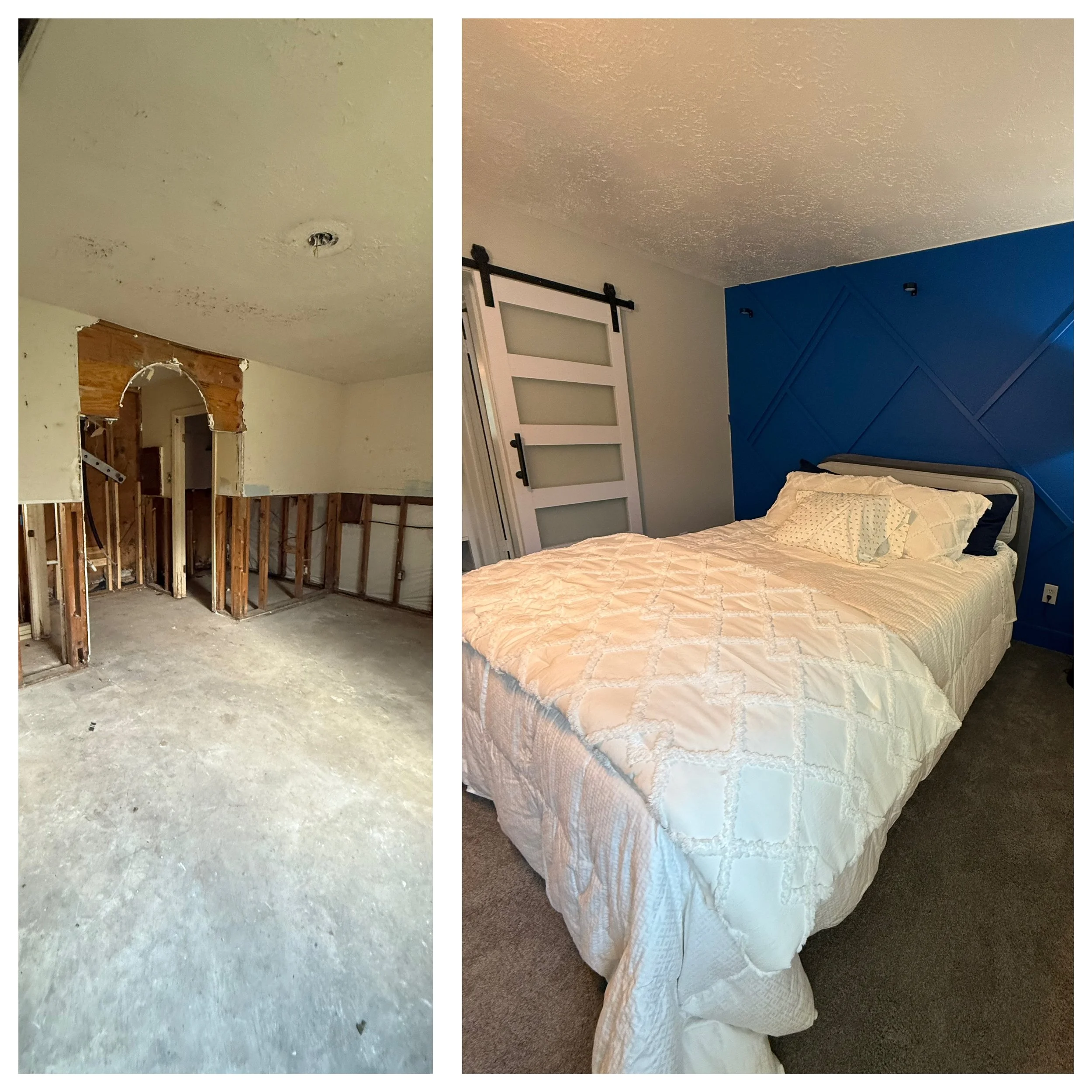 Bedroom renovation in Houston converting damaged framing into a fully finished modern bedroom with custom wall design by Sherman R.E. Properties