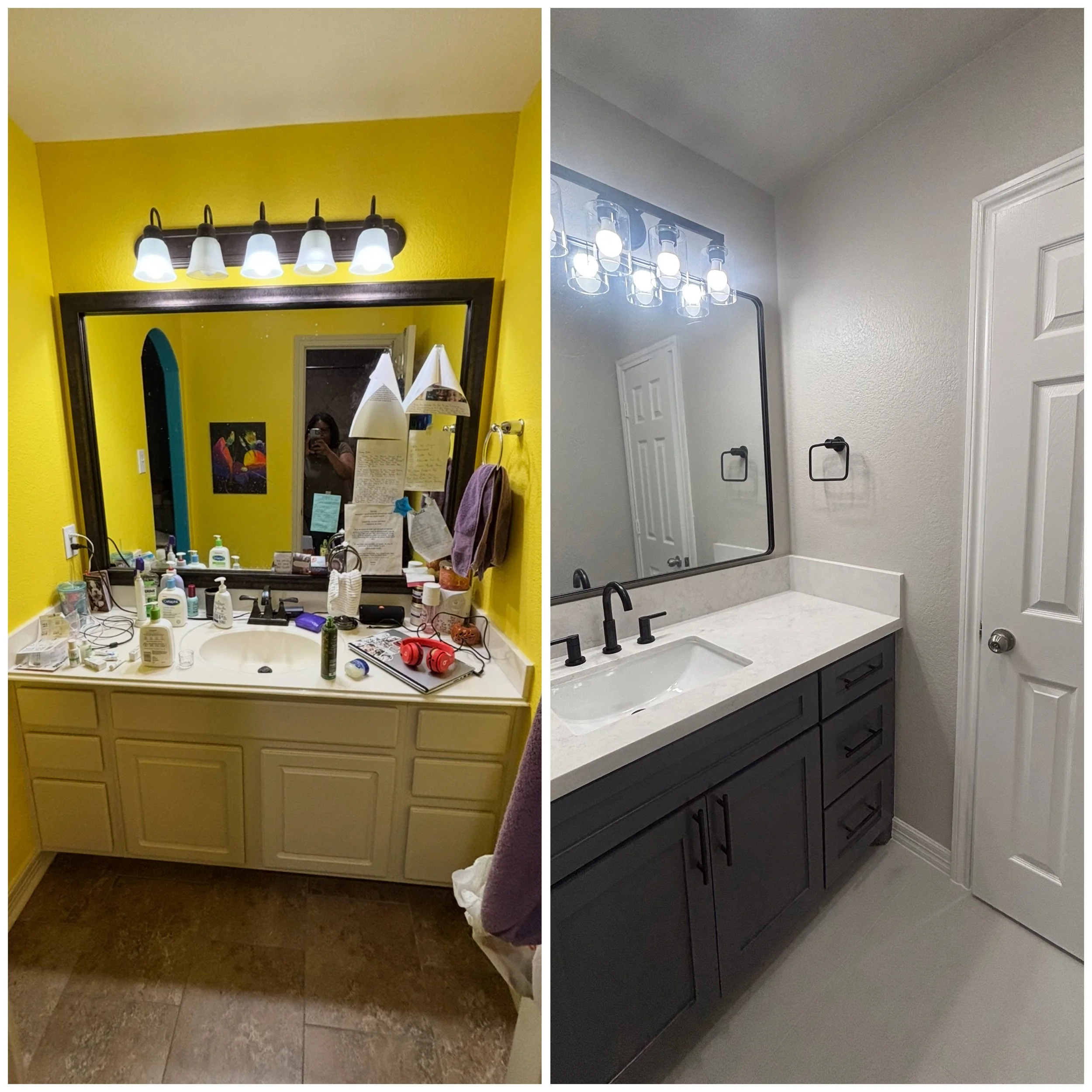Houston bathroom vanity remodel with new dark cabinetry, quartz countertop, modern mirror, and updated lighting completed by Sherman R.E. Properties