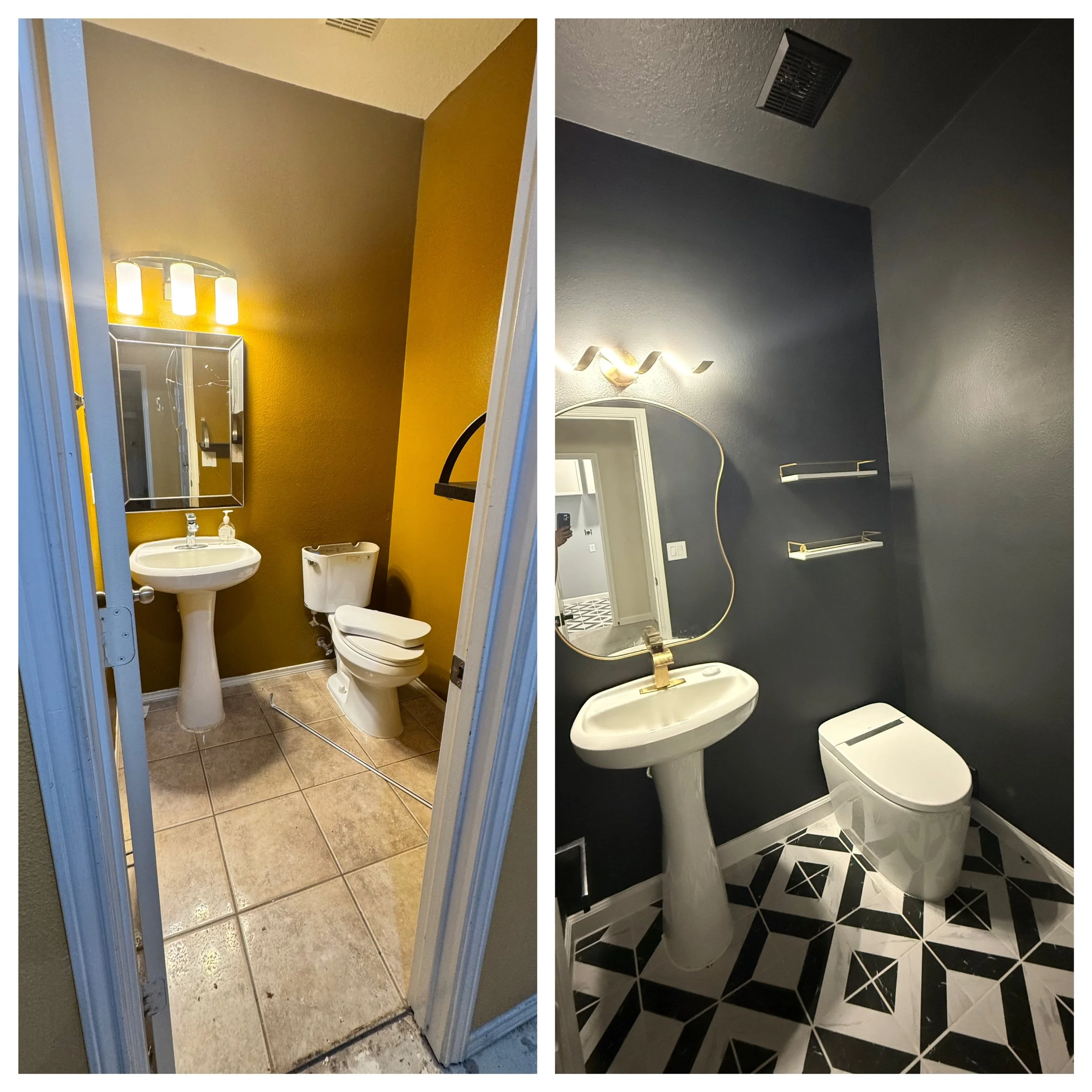 Houston powder room renovation with dark accent walls, modern lighting, upgraded fixtures, and geometric tile flooring completed by Sherman R.E. Properties