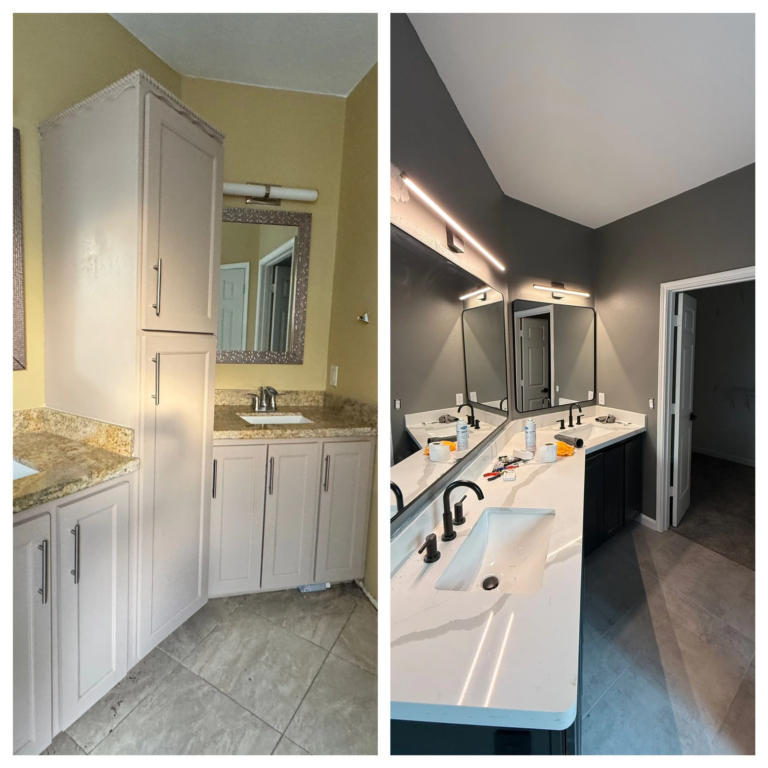 Houston primary bathroom vanity upgrade with quartz countertops, modern mirrors, upgraded lighting, and sleek cabinetry completed by Sherman R.E. Properties