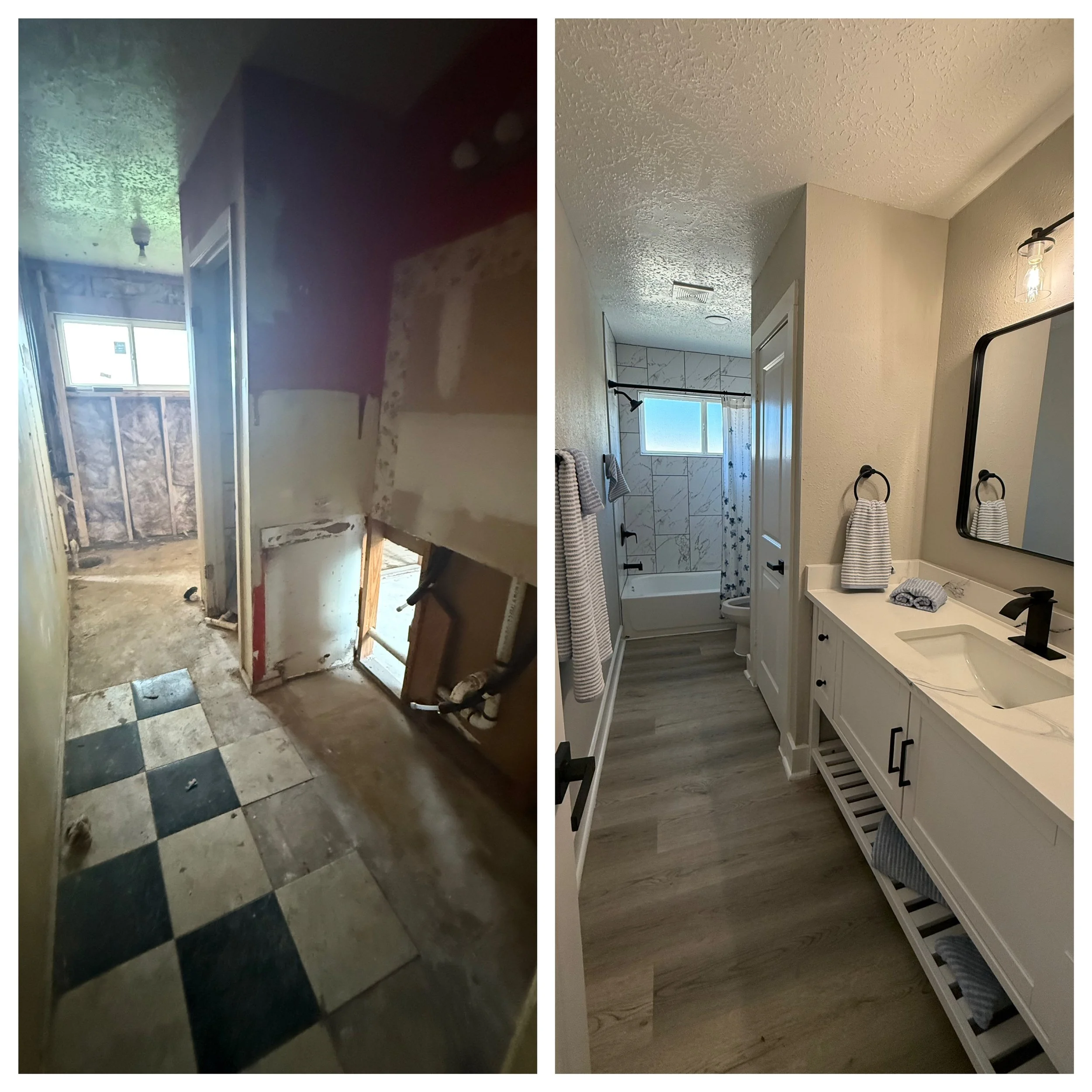 Bathroom renovation in Houston showing demolition through completion with new vanity, shower tile, flooring, and modern finishes by Sherman R.E. Properties
