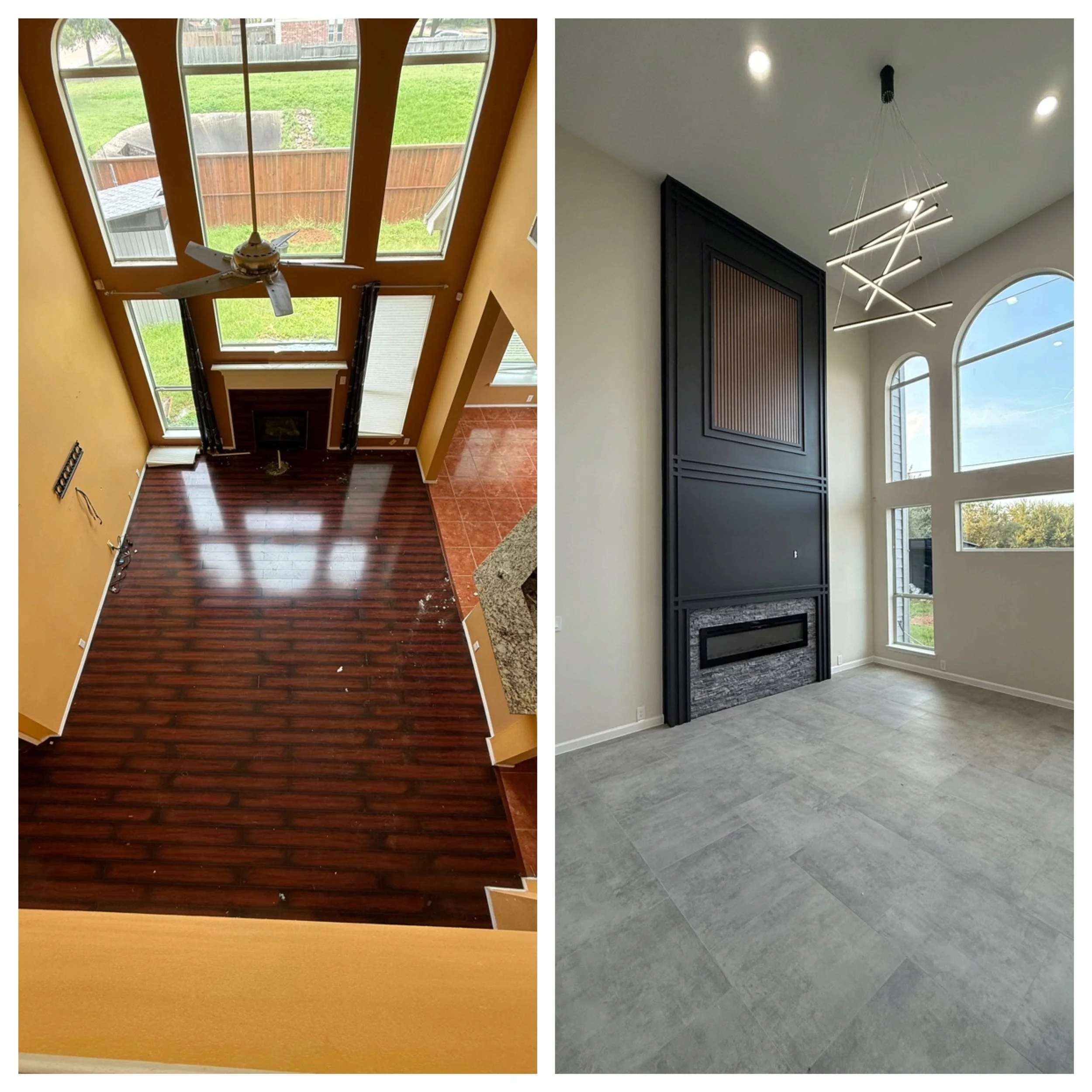 Living room transformation in Houston upgrading outdated floors to modern tile flooring with a contemporary fireplace design by Sherman R.E. Properties