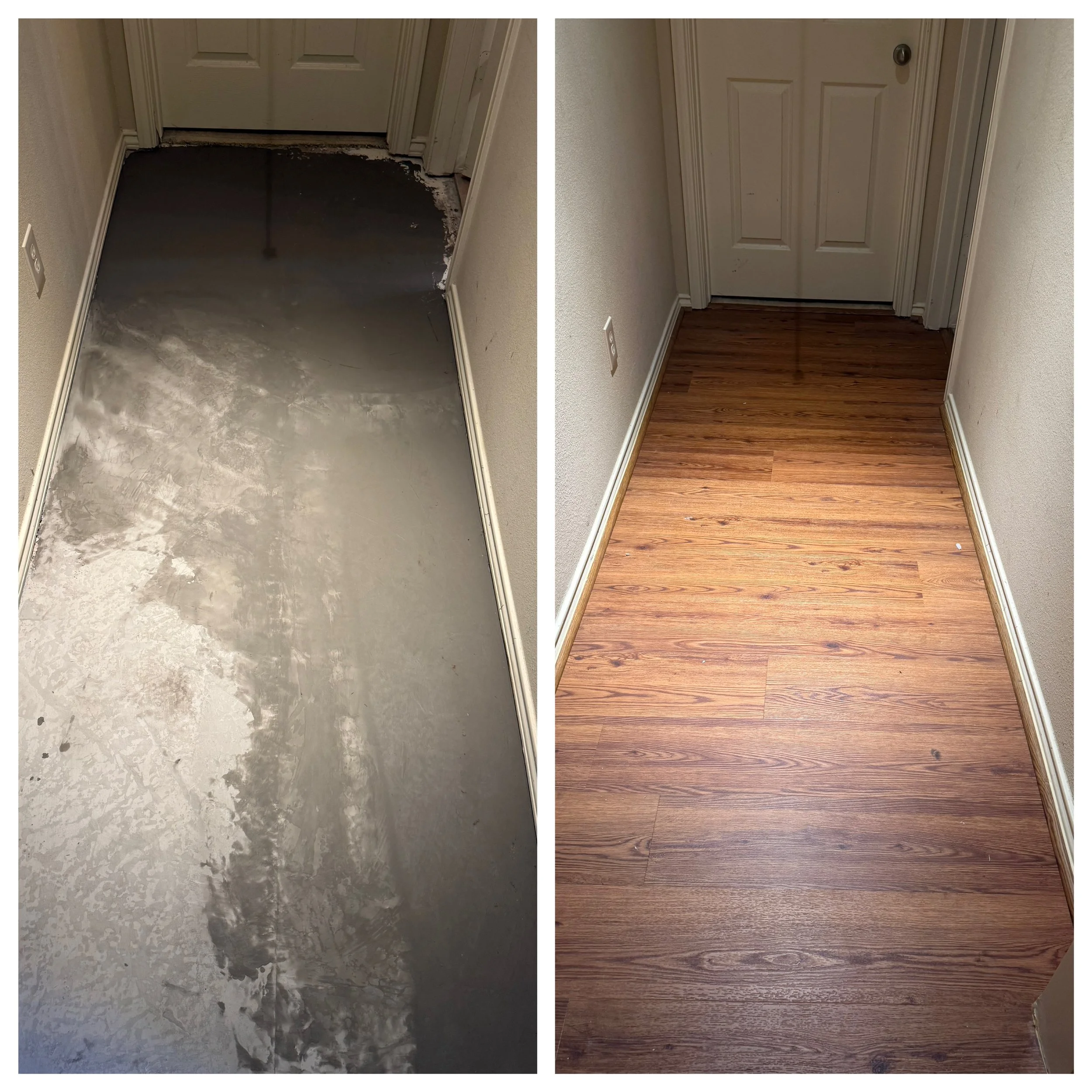 Houston floor renovation including subfloor leveling and installation of durable wood look flooring completed by Sherman R.E. Properties