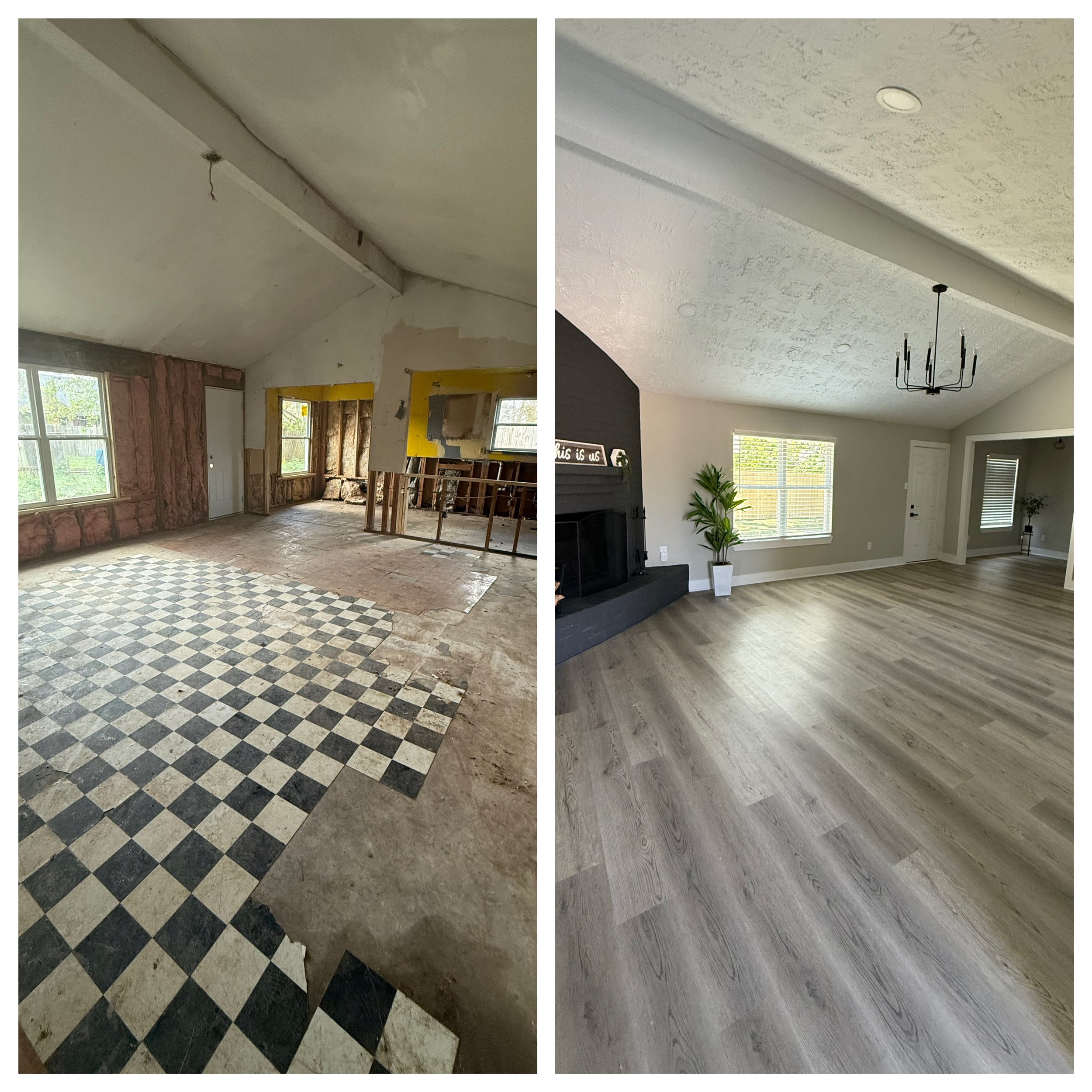 Before and after living room renovation in Houston transforming a gutted space into a modern living room with new flooring, updated walls, and contemporary finishes by Sherman R.E. Properties