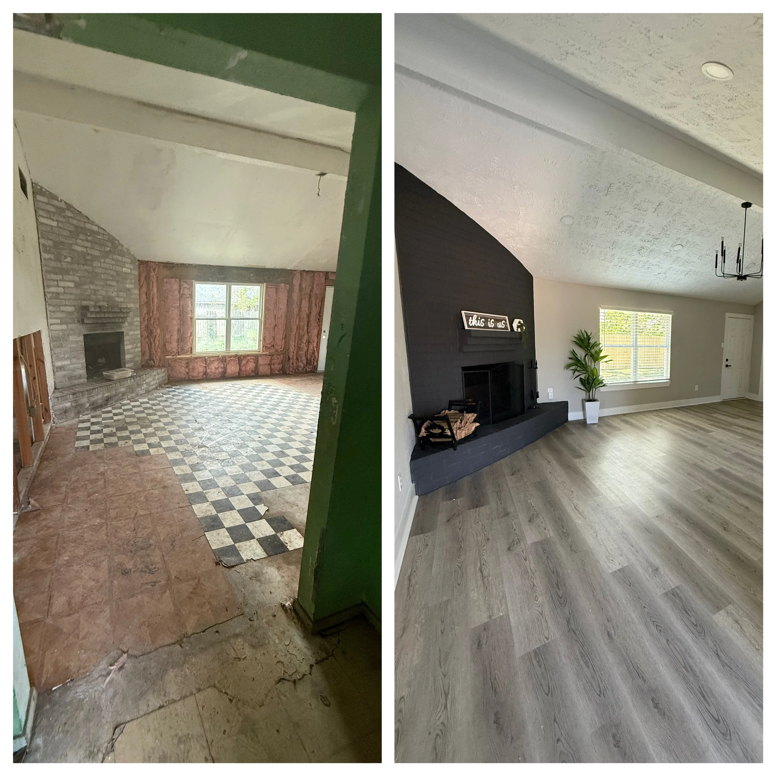 Interior paint and flooring upgrade in Houston refreshing a dated living room with modern finishes and updated design by Sherman R.E. Properties