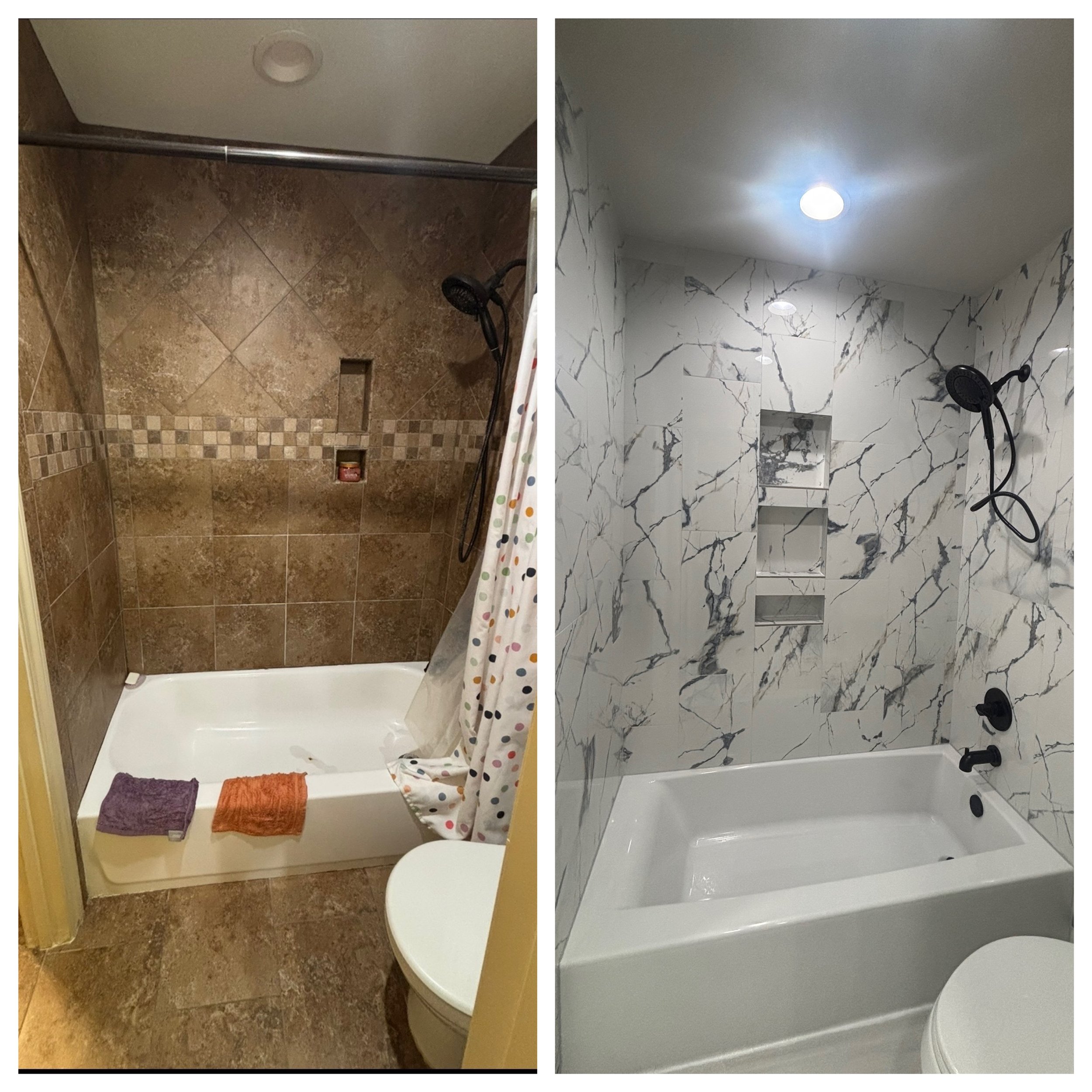 Modern bathroom tub remodel in Houston transforming outdated tile into a clean contemporary tub and shower design by Sherman R.E. Properties