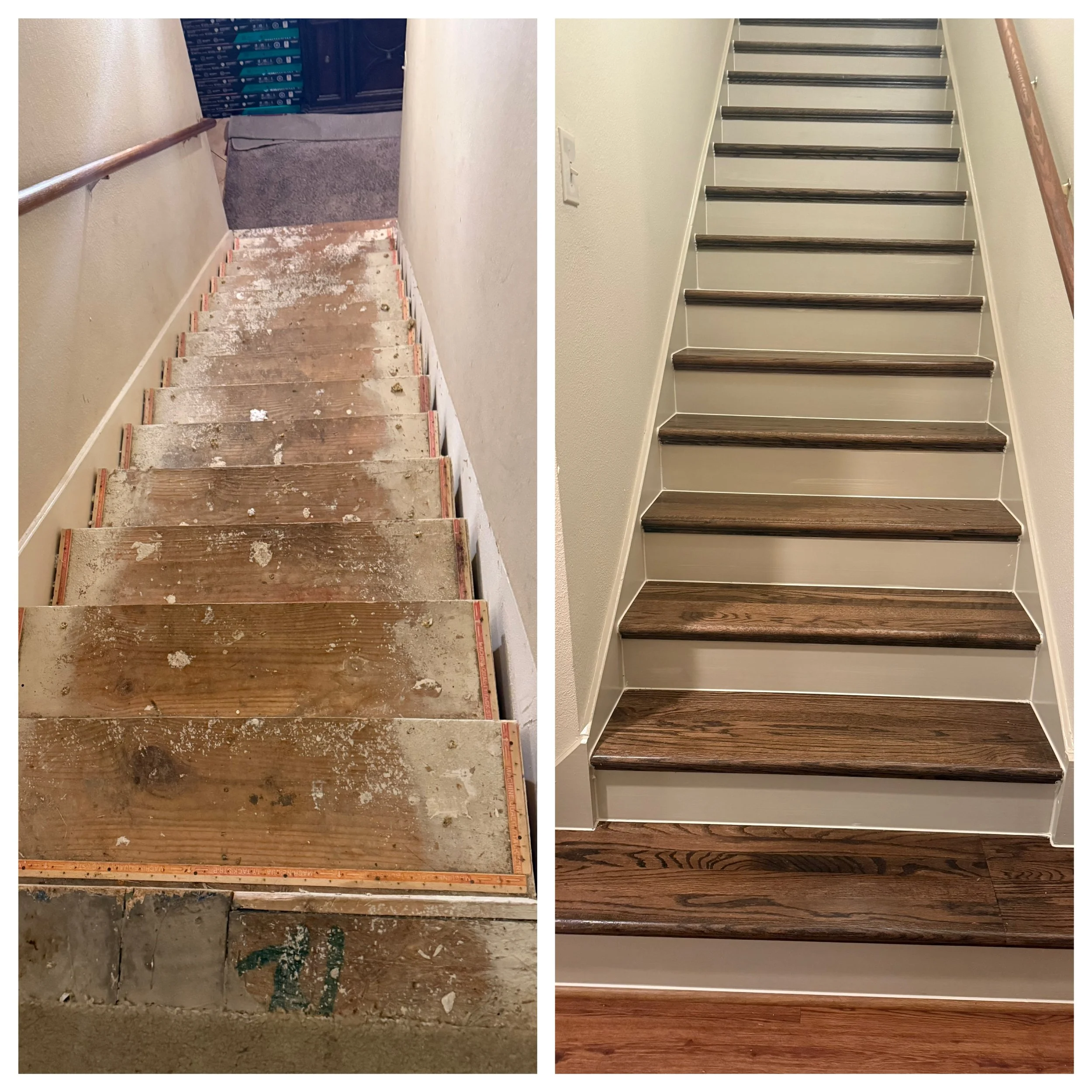 Houston stair renovation featuring new wood stair treads, updated risers, and clean modern finish completed by Sherman R.E. Properties