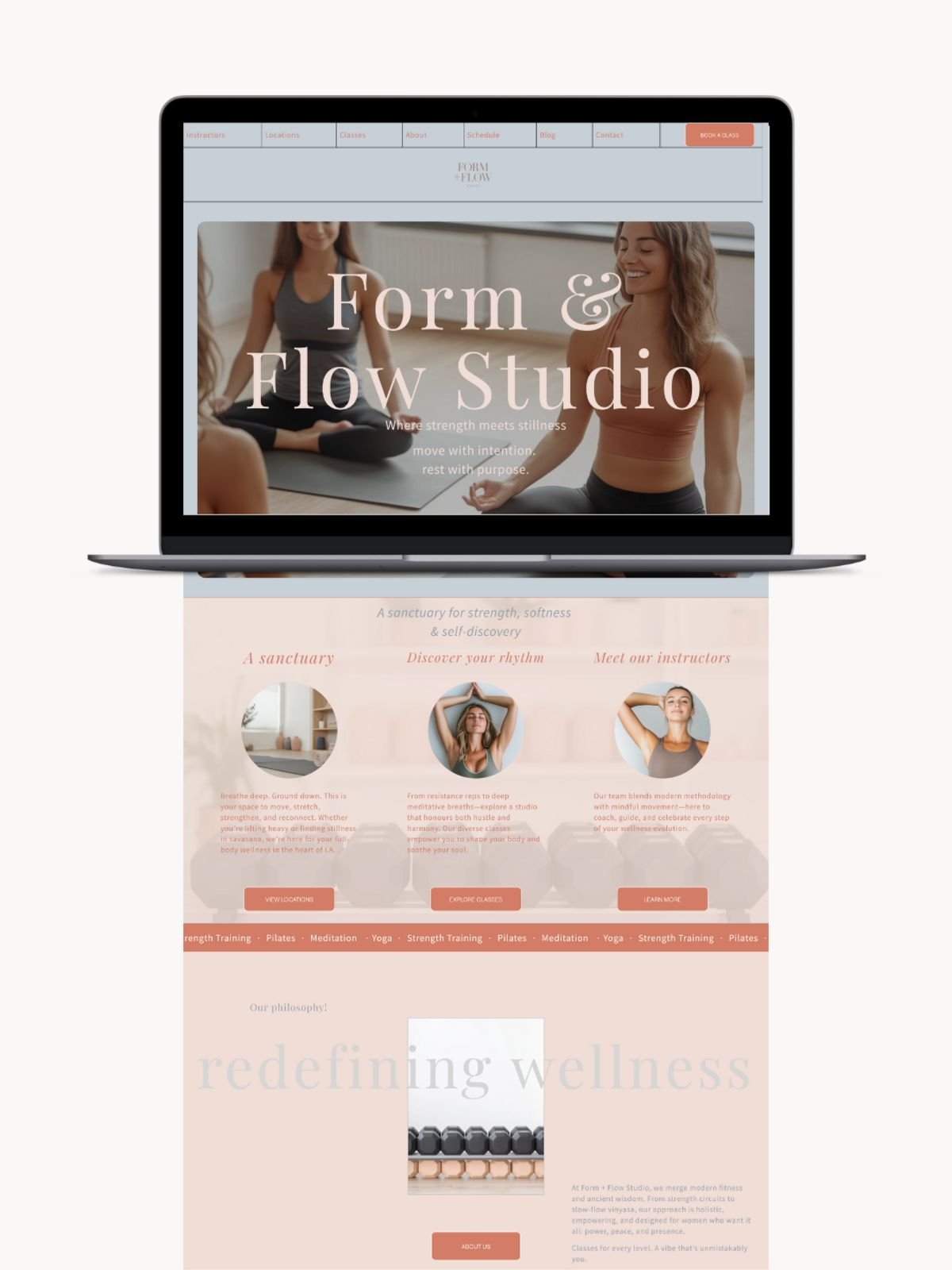 Laptop displaying a yoga studio website with images of people practicing yoga and various navigation options. The site emphasizes wellness and fitness with offerings like strength training, meditation, and yoga. Header reads 'Form & Flow Studio'."