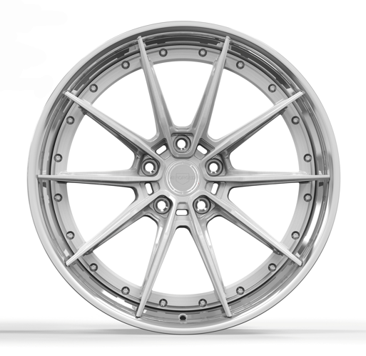 A brushed silver forged wheel with a multi-spoke design, with 3pc center cap.