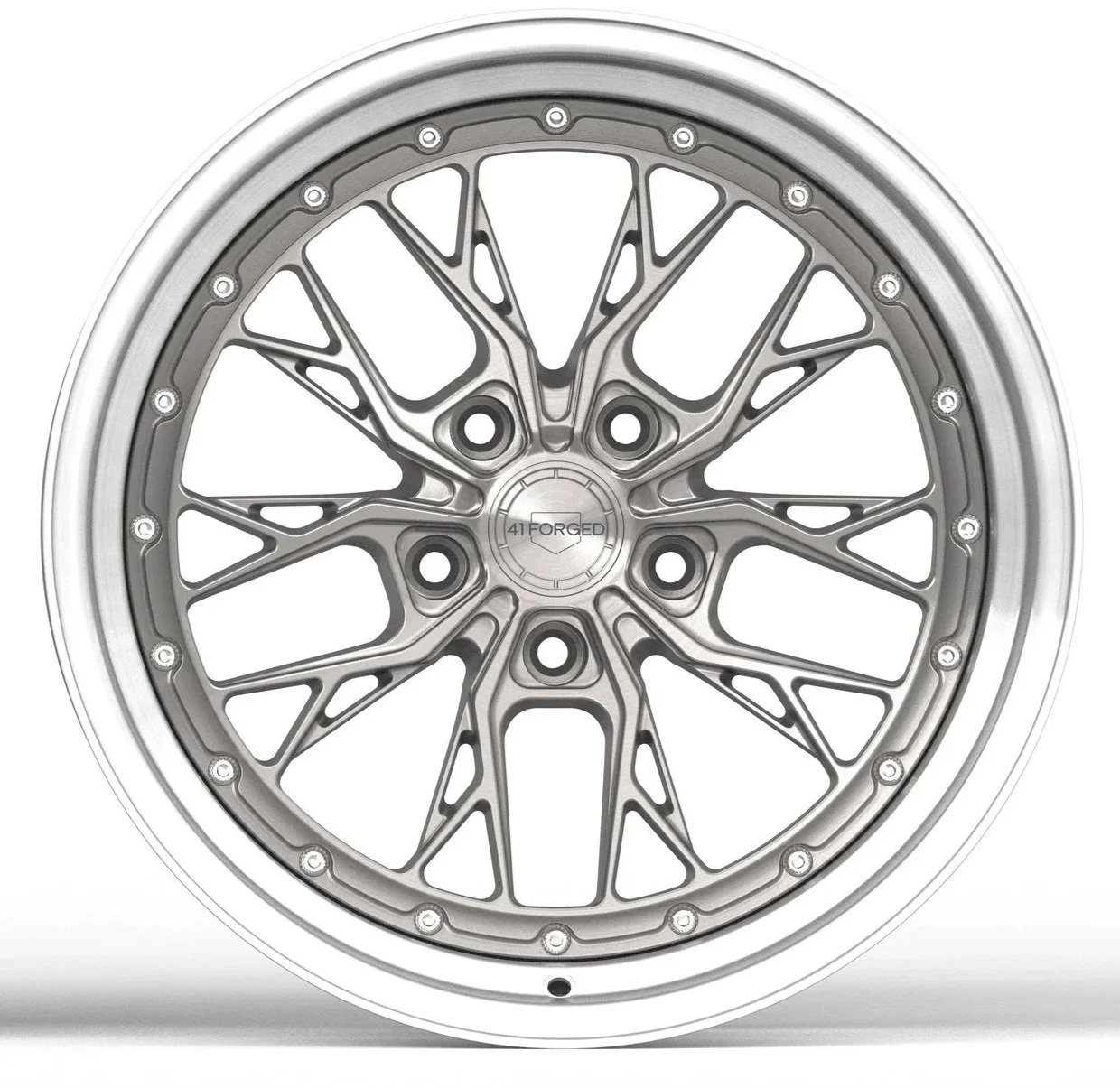 A black five-spoke car wheel rim with a bronze outer edge and a central cap labeled '41 Forged'