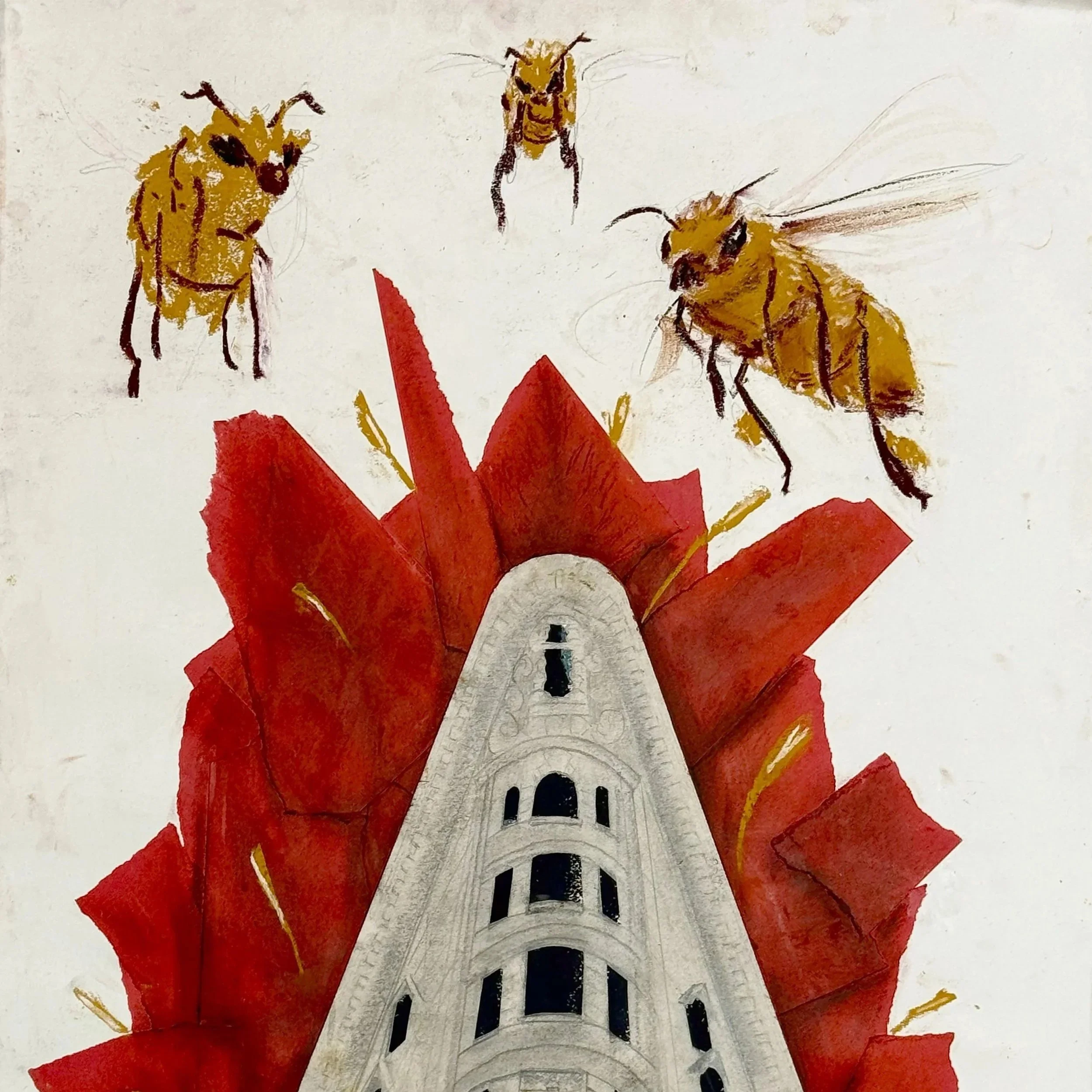 Illustration of a building with bees flying around it and large red flowers in the foreground.
