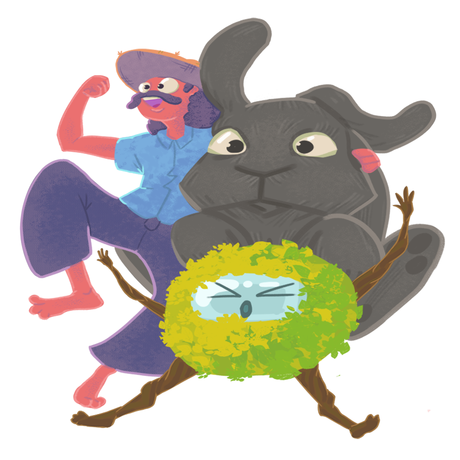 Illustration of three cartoon characters: a red crab with a purple hat and blue shirt, a gray rabbit with big ears, and a small green creature with a fluffy yellow border and closed eyes. The characters appear to be stacked or grouped together.