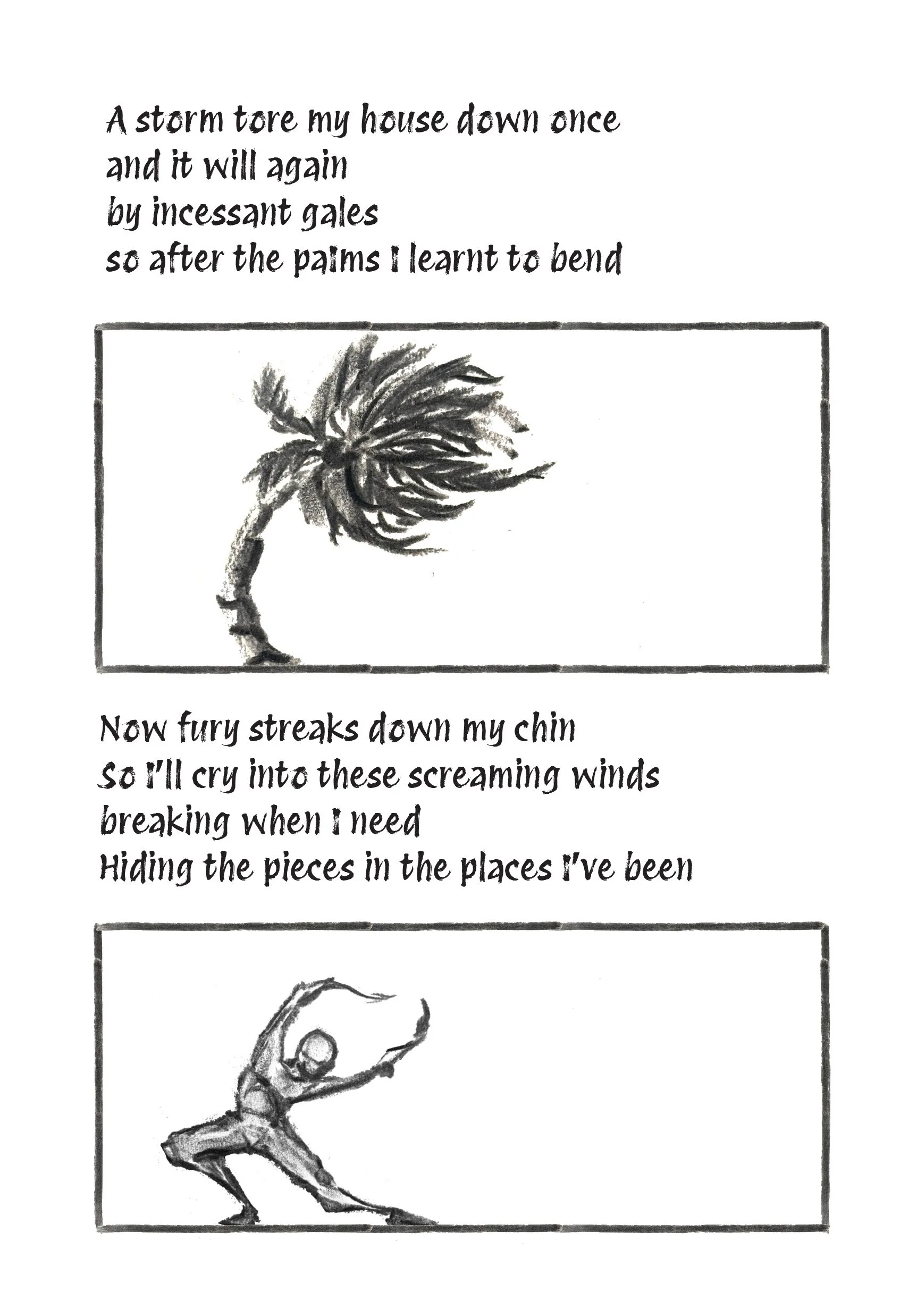 A poem with a photograph of a tree and a person performing yoga or martial arts in different sections. The poem describes emotional struggles and resilience.