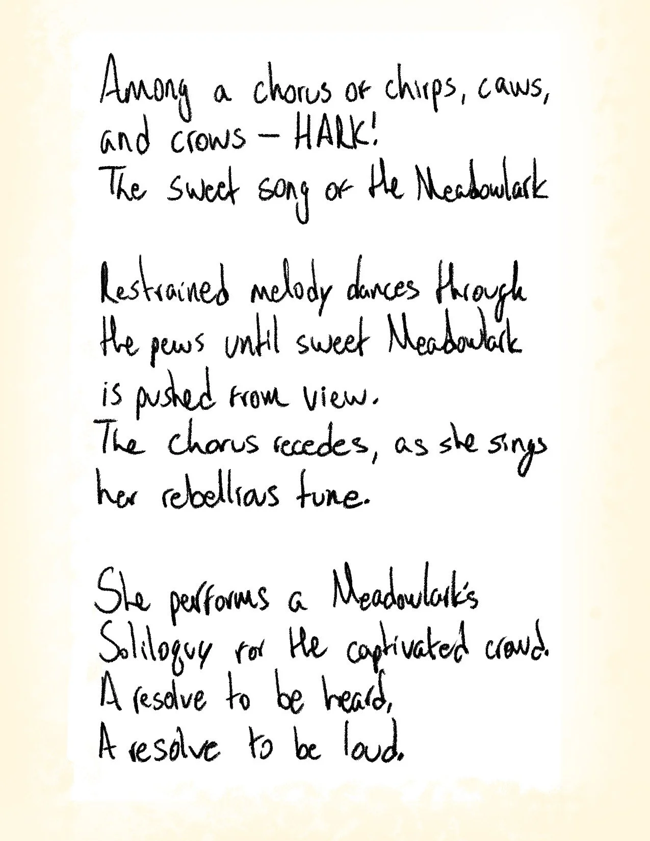 A handwritten poem about a Meadowlark singing among a chorus of chirps, caws, and crows, describing the bird's song and performance for the captivated crowd.