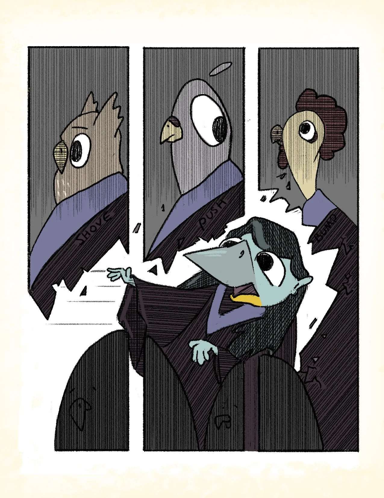 Drawing of a bird with a human body, pointing at four panels with different bird faces labeled 'SHOE,' 'PUFFIN,' and 'DODO,' and the bird with the human body wearing a graduation gown and cap.