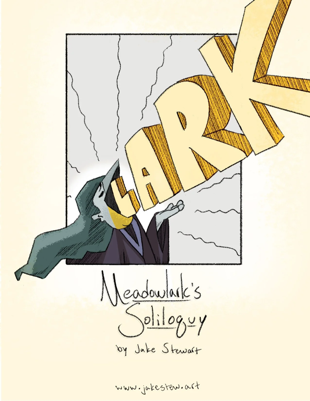 Book cover titled 'Meadowark's Soliloquy' by Jake Stewart featuring an illustration of a person with a contemplative expression holding a large, three-dimensional word 'EAR' in front of their face, with a light background.