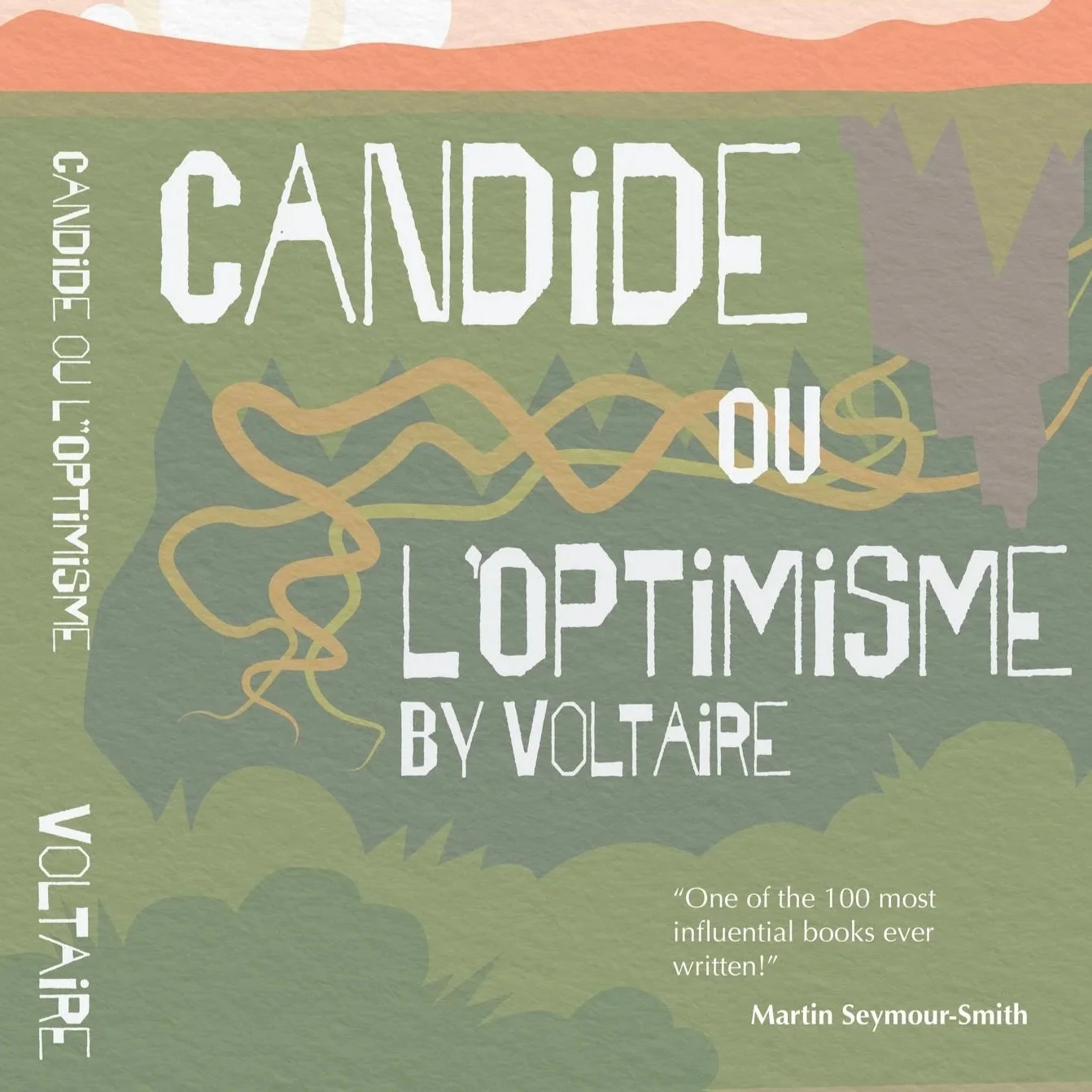 Book cover of 'Candide or Optimism' by Voltaire, with a quote from Martin Seymour-Smith, featuring a green background with abstract shapes and stylized text.