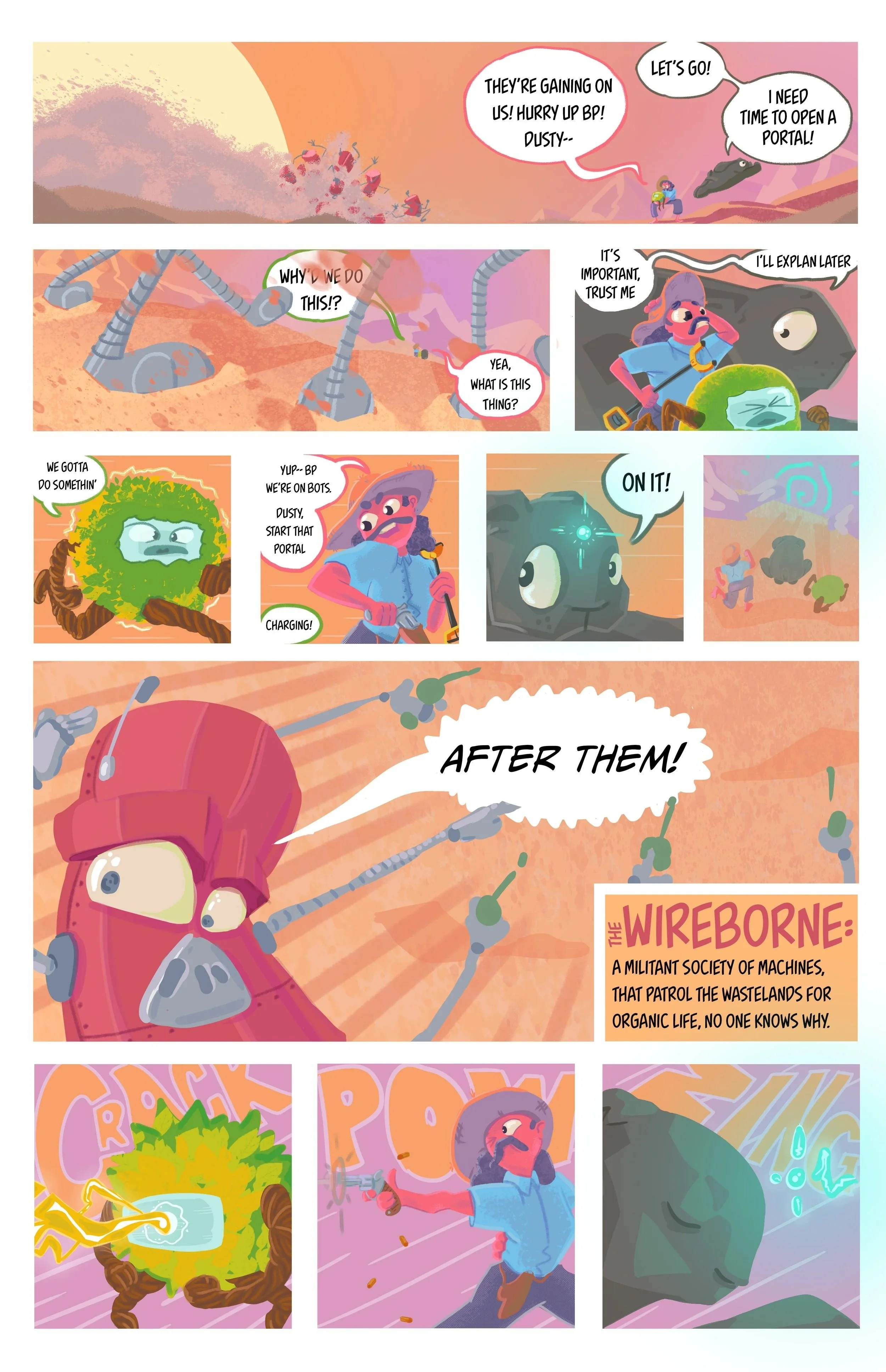 A comic strip featuring characters in a desert environment preparing to activate a portal, with one character giving commands and others loading robots and gadgets. The scene includes a large robot with a speech bubble 'AFTER THEM!', a smaller robot charging a portal, and an action sequence with energy blasts, ending with characters chasing the robots.
