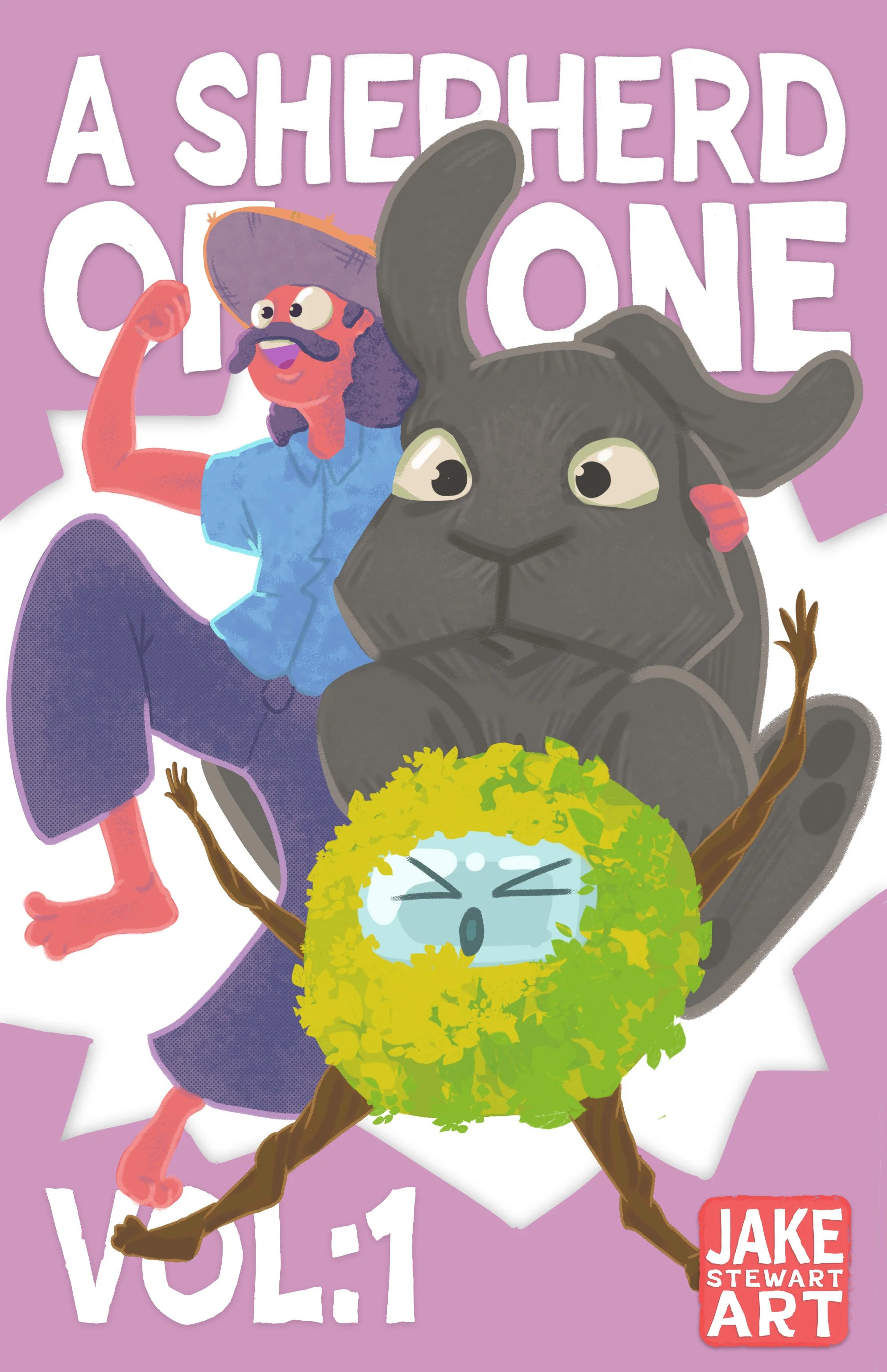 Cover of a children's book titled "A Shepherd of One, Vol. 1" with cartoon characters: a man with curly hair, a mustache, blue shirt, and purple pants flexing his arm, a large gray rabbit with big ears and wide eyes, and a small round green creature with glasses, arms raised, and a surprised expression.