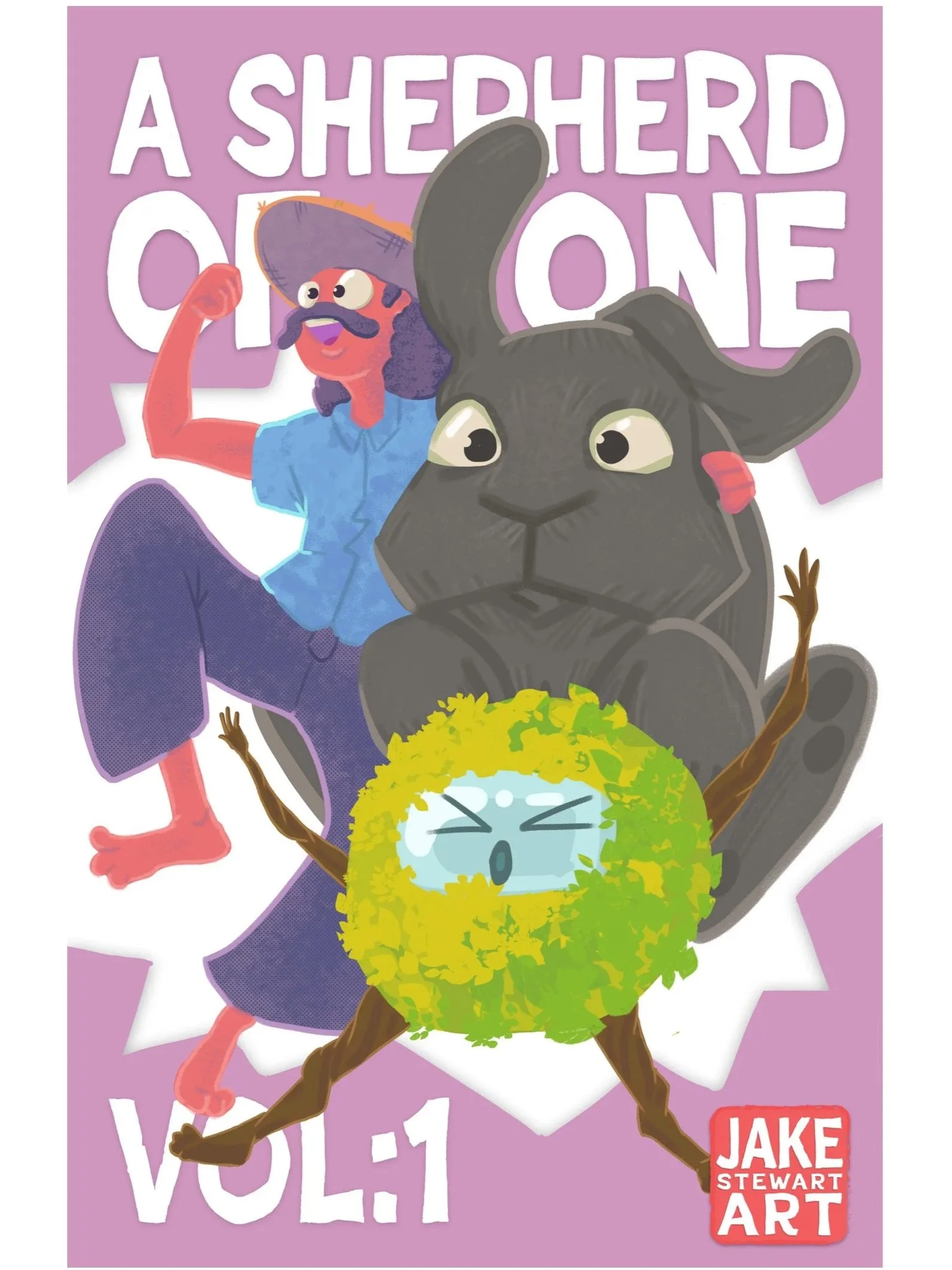 Cover of a children's book titled "A Shepherd of One" Volume 1, featuring cartoon characters including a person with a bushy beard and mustache wearing a sombrero, a black rabbit with large ears, and a yellow fluffy creature with a face and arms, poised as if singing or shouting. The background is purple, and the author's name, Jake Stewart Art, is at the bottom right.