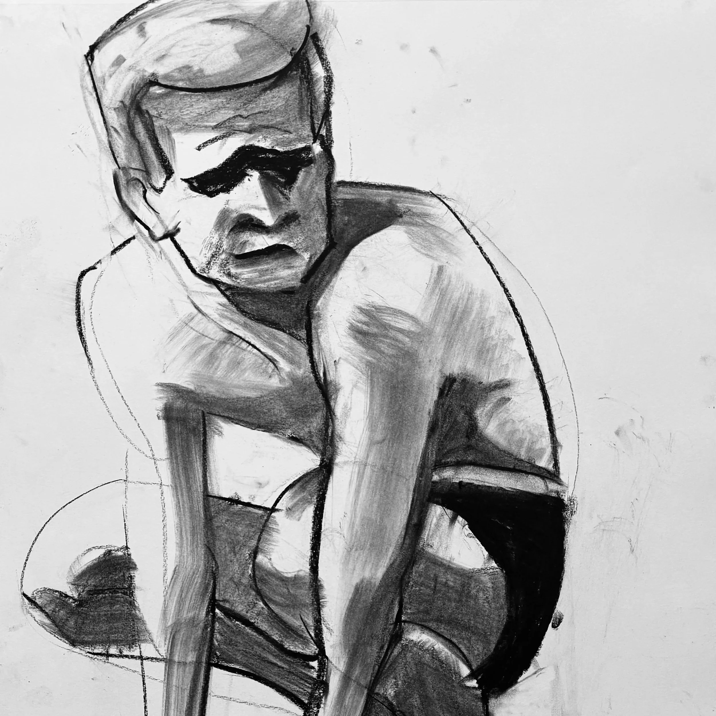 A black and white sketch of a man sitting with one elbow resting on his knee, wearing sunglasses and looking over his shoulder.