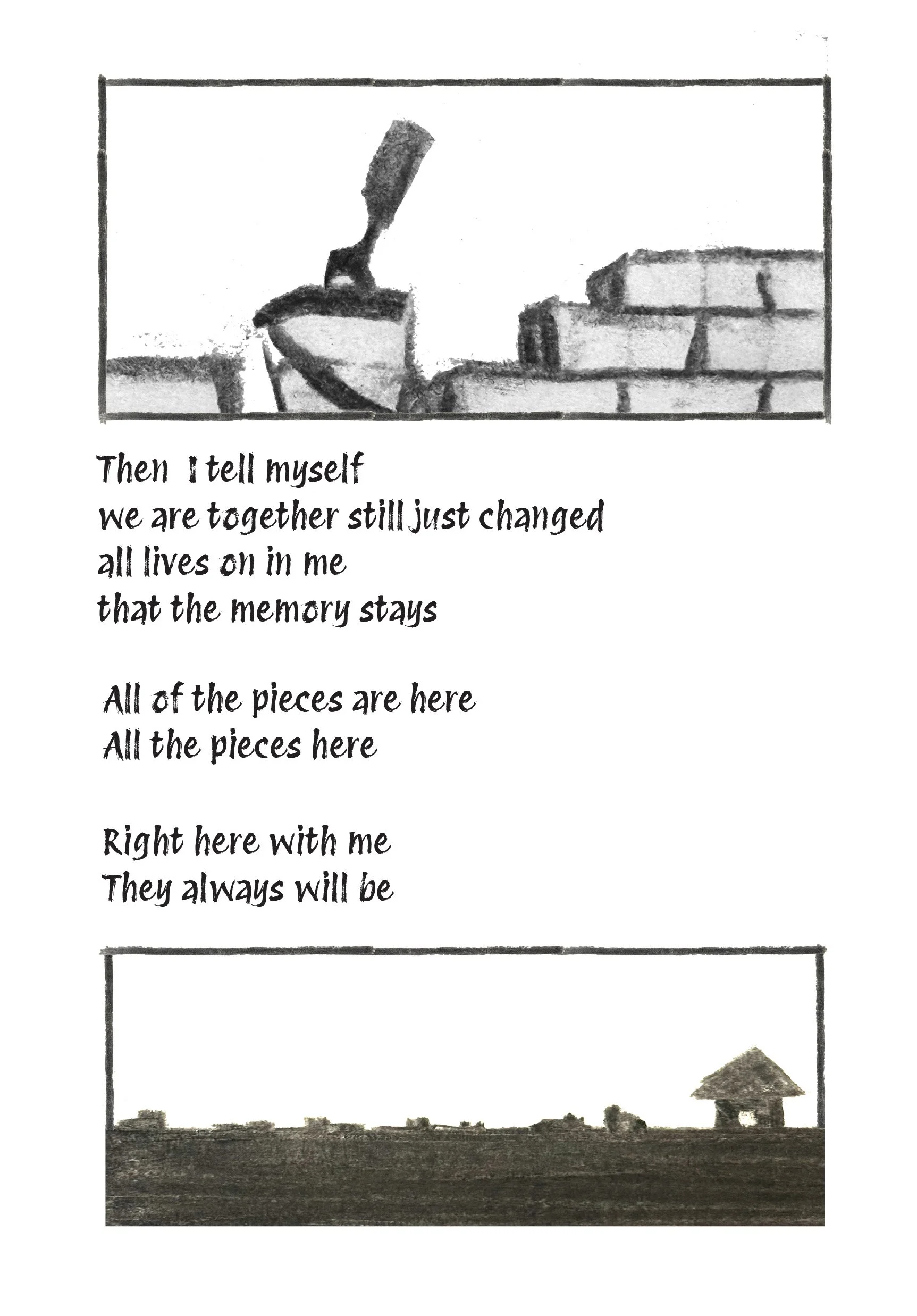 Black and white drawing of a brick wall with a trowel and bricks at the top, a landscape with a small hut and trees at the bottom, and a poem in the middle.