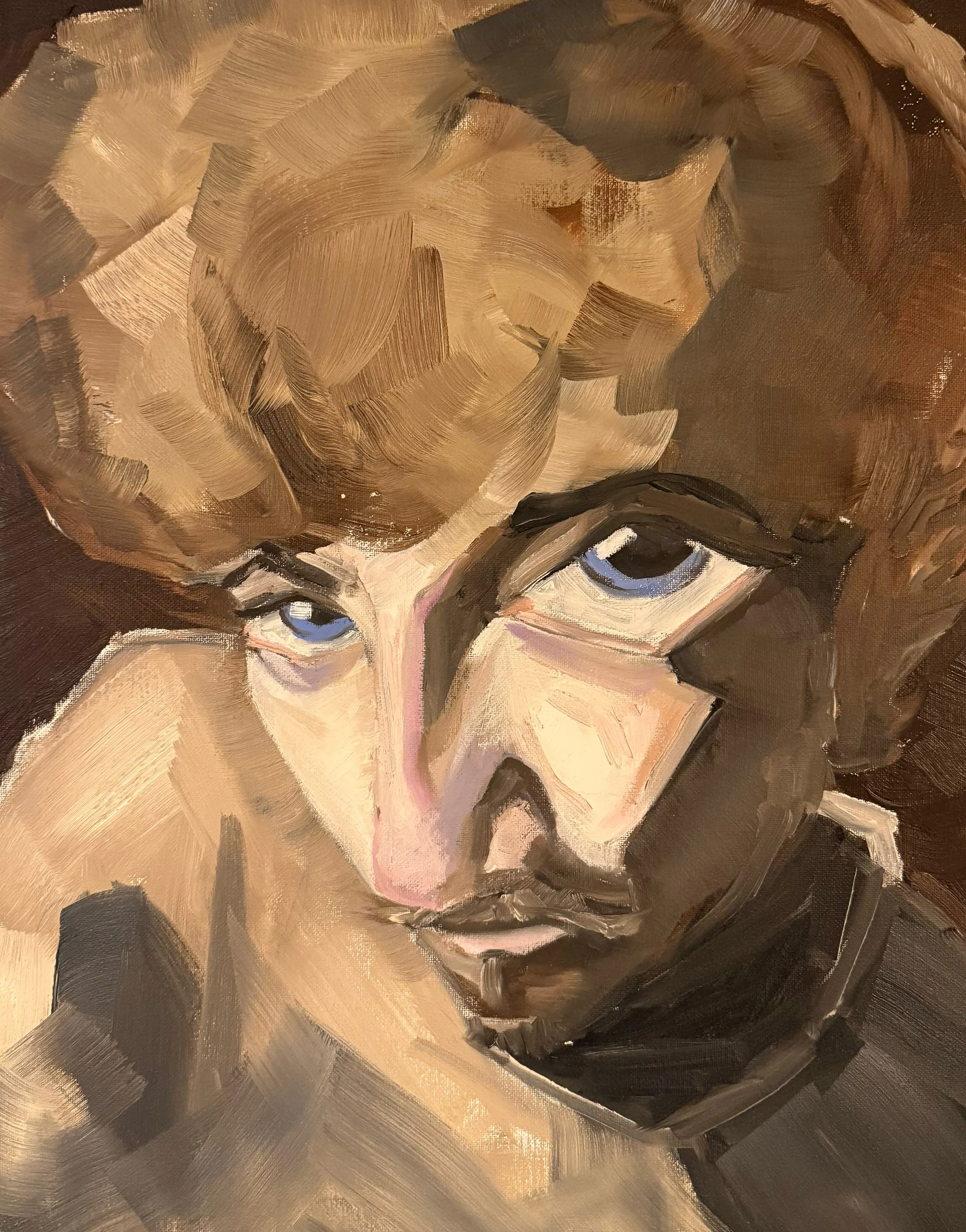 A close-up portrait of a young man with intense eyes, tousled brown hair, and a serious expression, painted in an impressionistic style.
