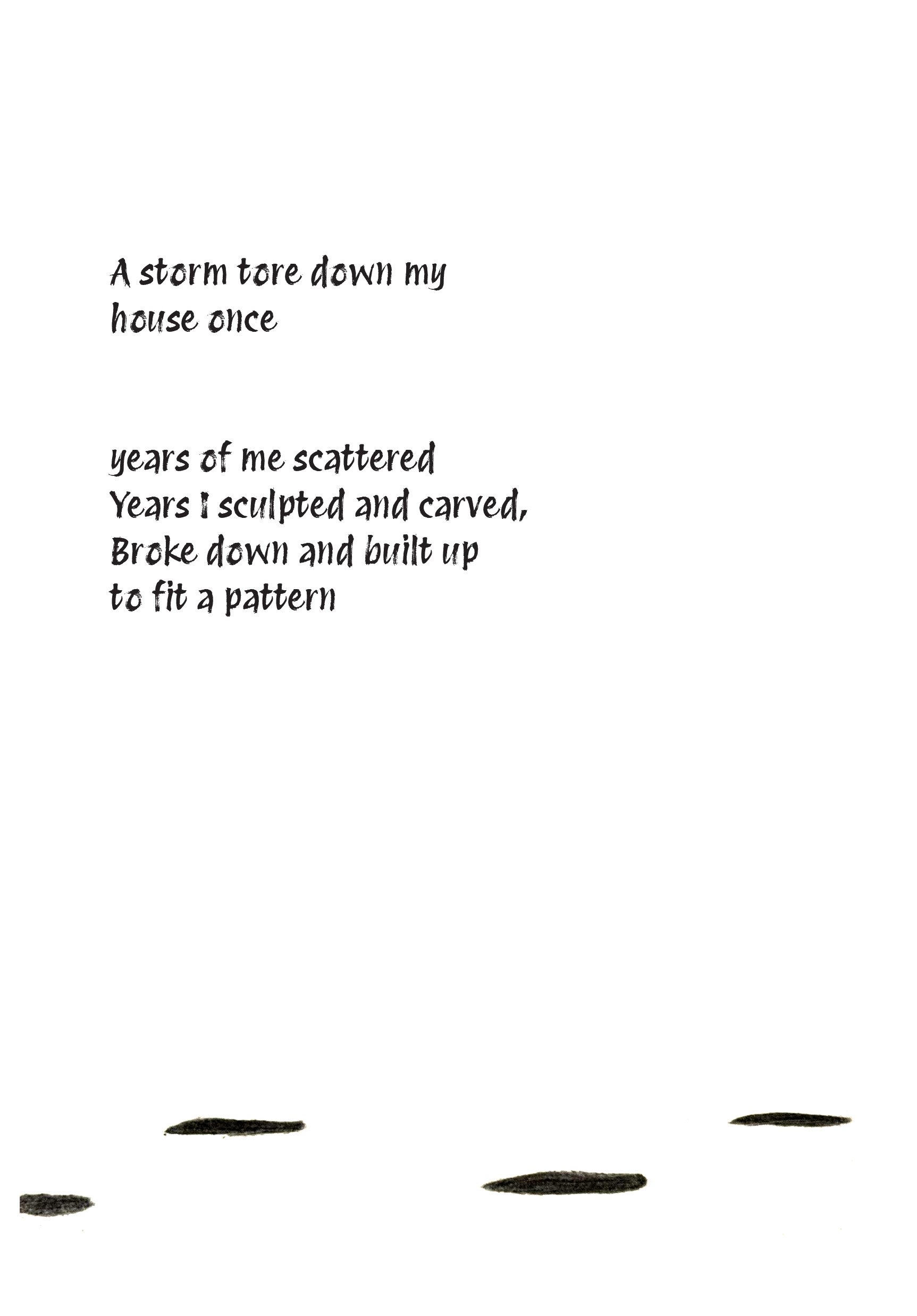 A handwritten poem on a white background with small black ink blots at the bottom.