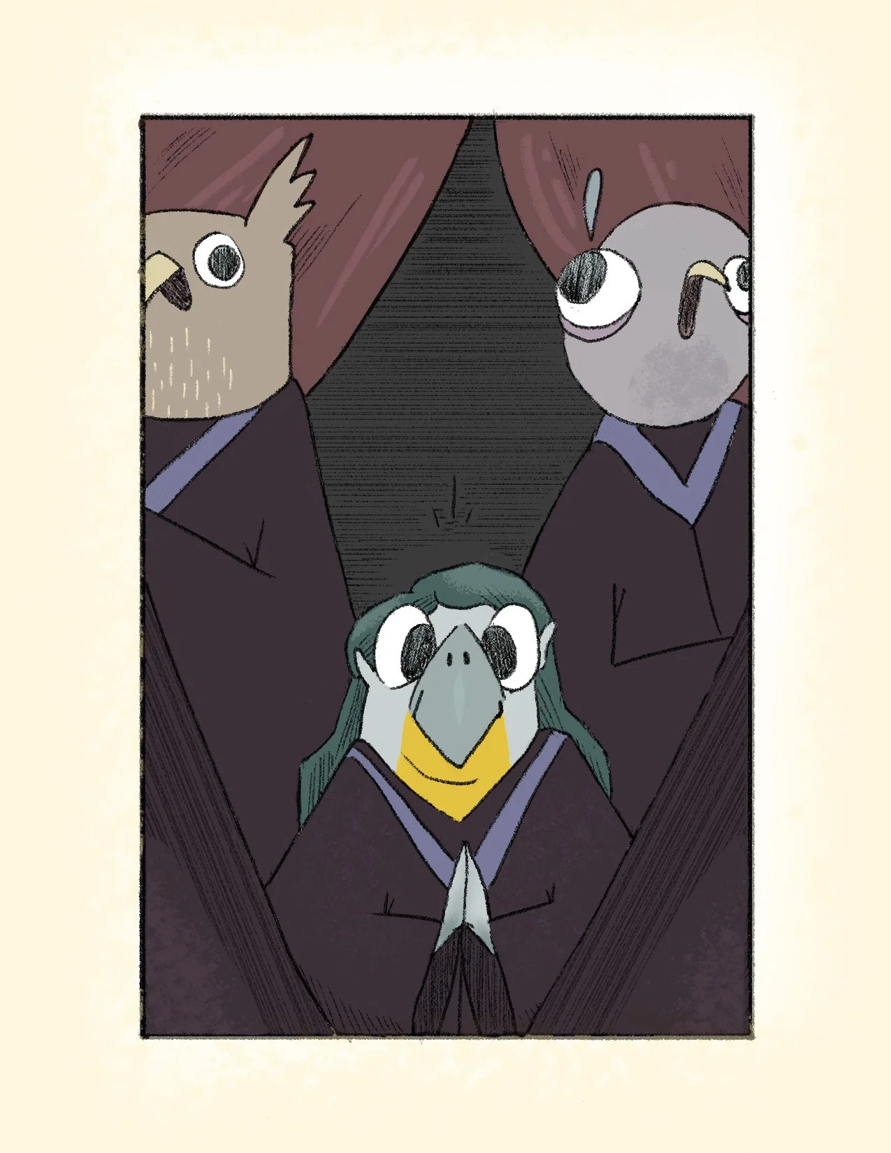 Cartoon illustration of three animals dressed in graduation robes, with two birds on the sides and a bird with glasses and green hair in the center, all with big, expressive eyes.