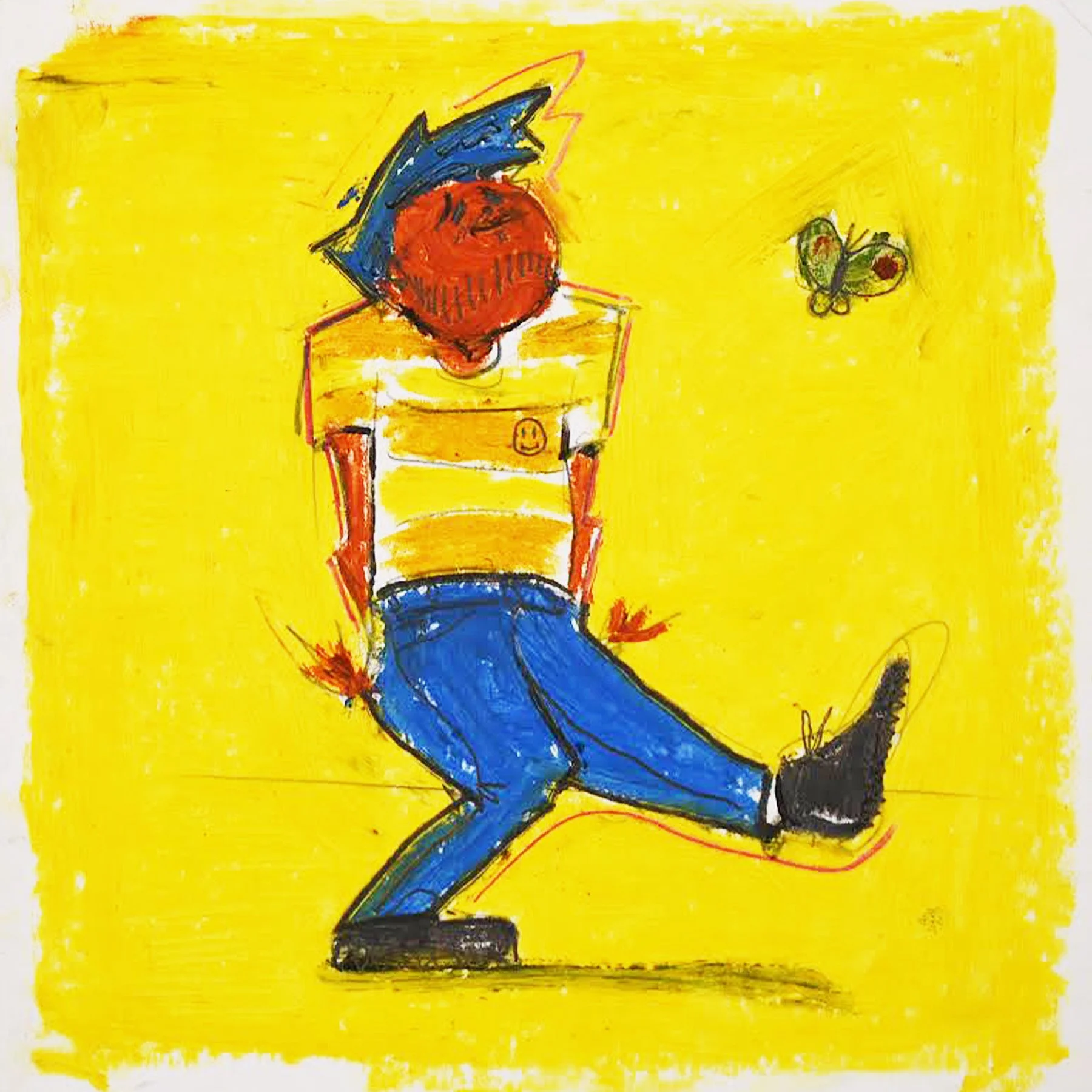 Colorful abstract drawing of a person with spiky blue hair wearing a yellow and white striped shirt and blue pants, jumping or dancing, with a butterfly nearby on a yellow background.