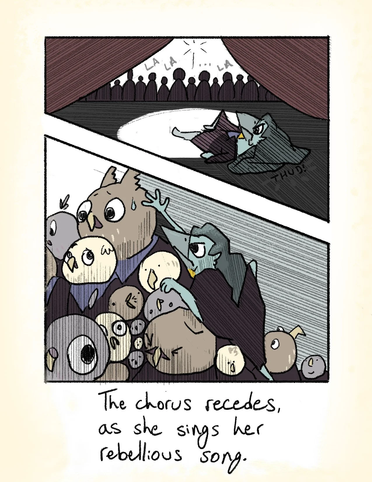 An animated scene of a female cat on stage singing to a crowd, with a chorus of various birds clenching their beaks, and the caption 'The chorus recedes, as she sings her rebellious song.'