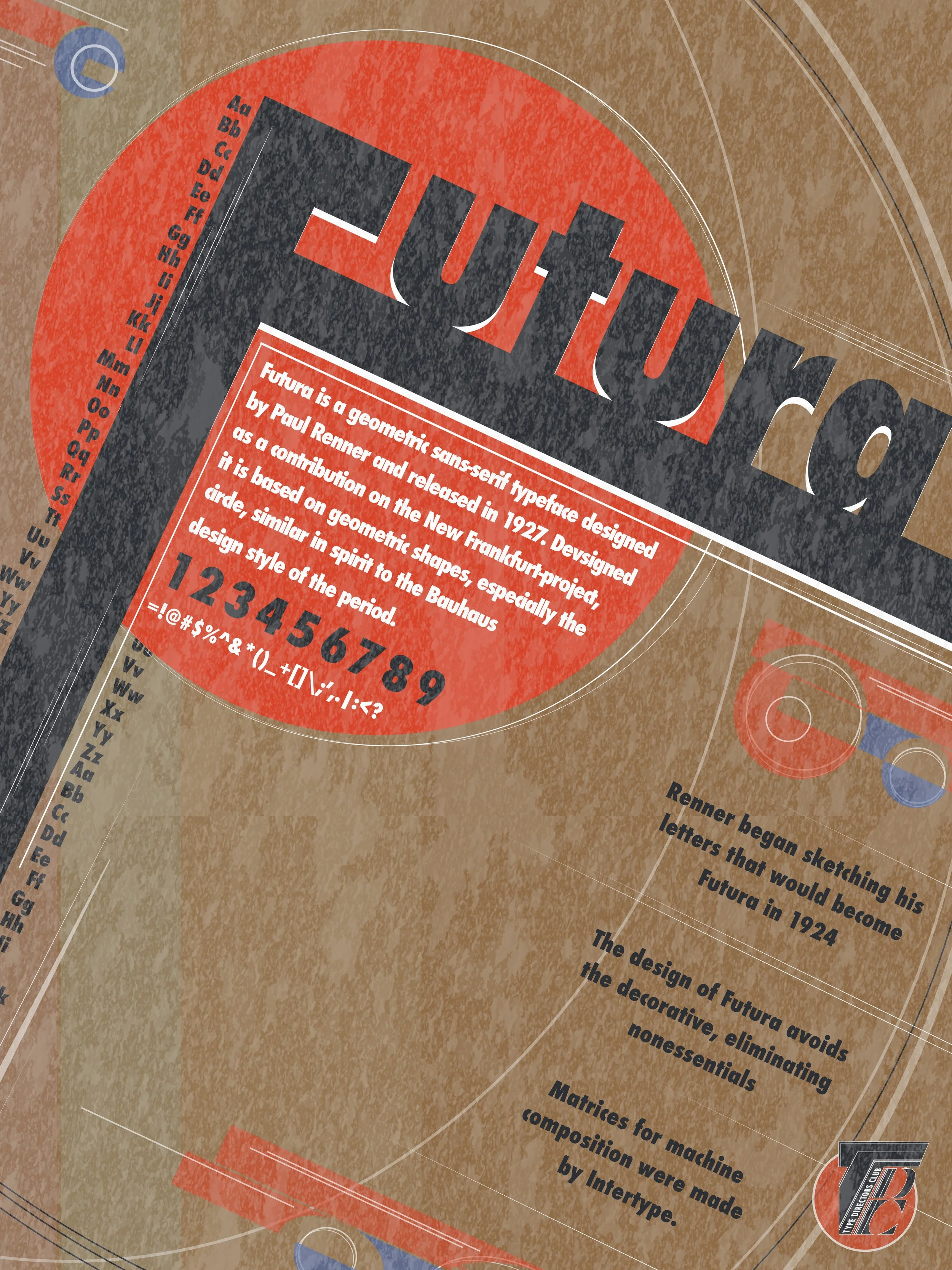 Close-up of a poster describing the Futura typeface, featuring a red circle with white text about its design and history, including the alphabet and numbers, set against a textured brown background with geometric lines.