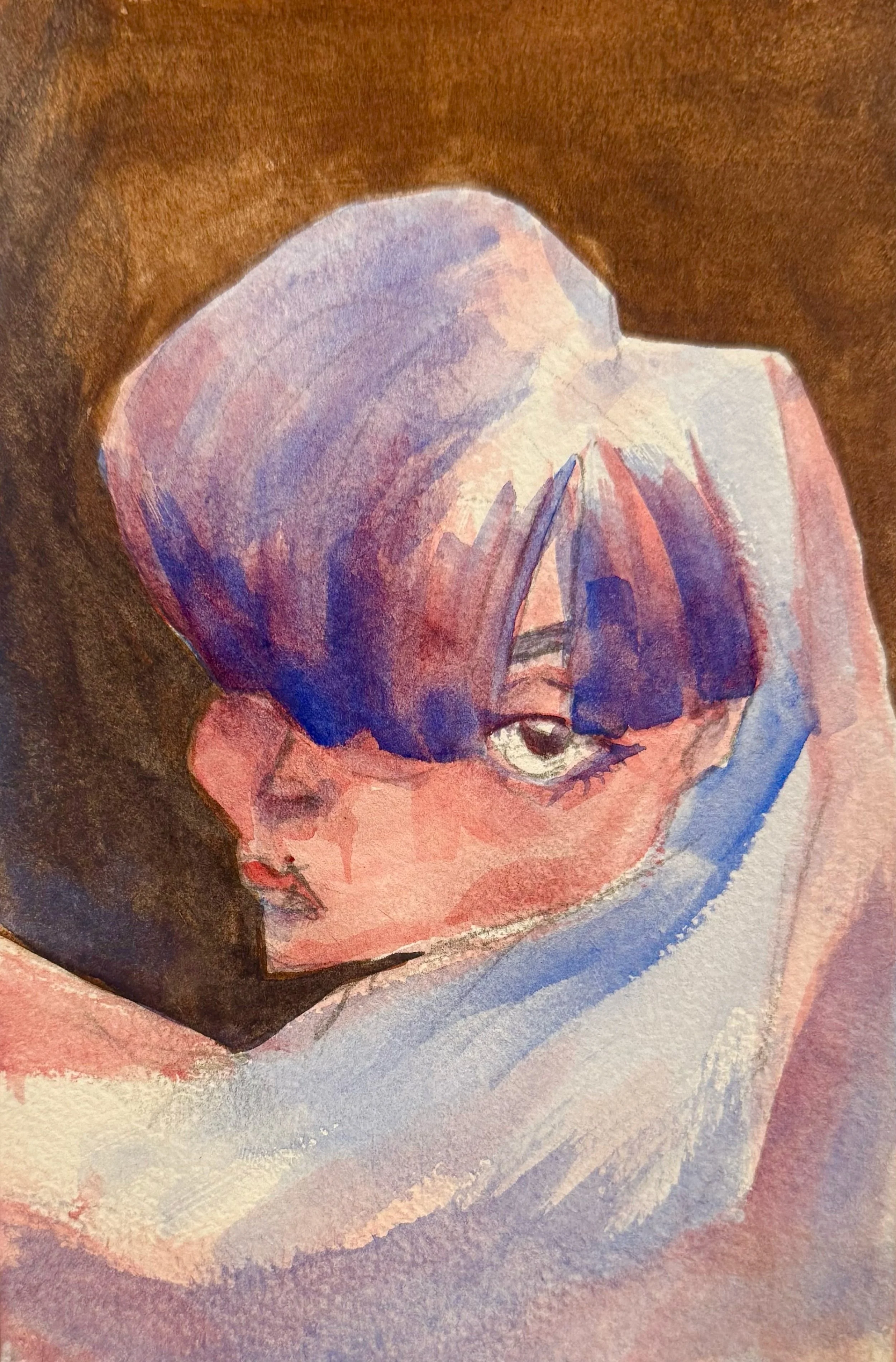 A watercolor painting of a person with short, purple and brown hair covering one eye, looking over their shoulder.