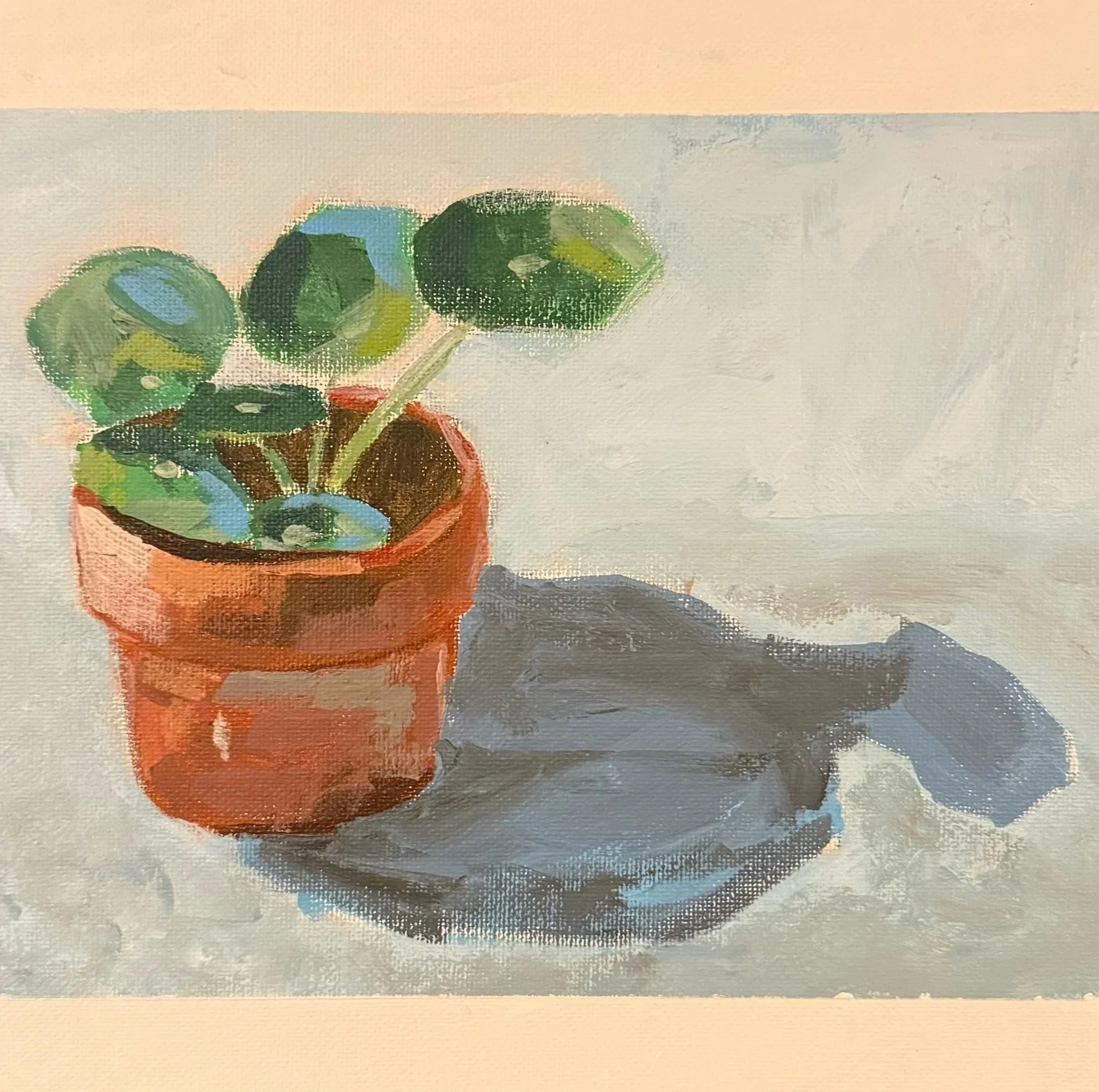 A painting of a potted plant with green leaves, placed on a surface with a prominent shadow.