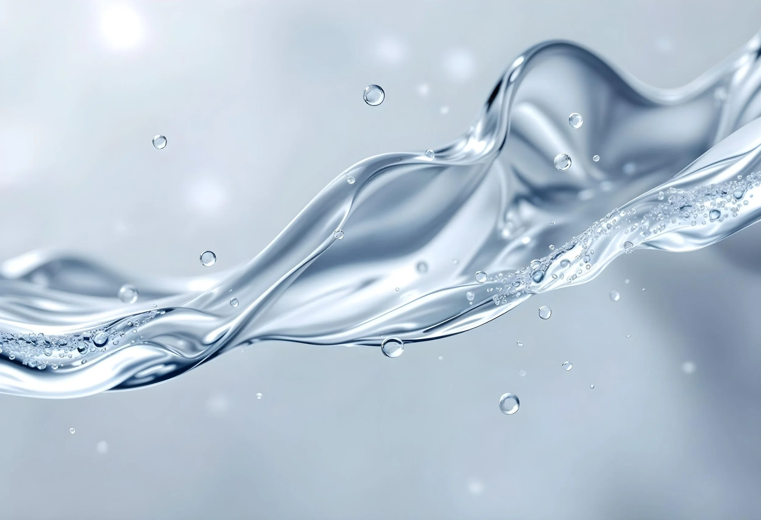 Close-up of clear, flowing water with splashes and bubbles against a light background.