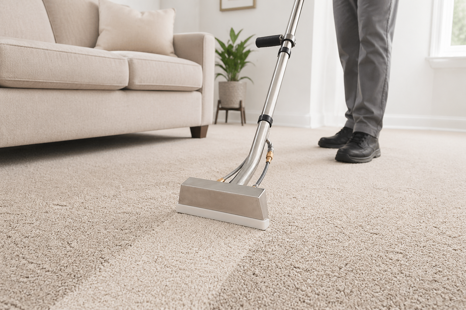 Person cleaning beige carpet with a metal carpet cleaning machine inside a living room, with a beige sofa, a white pillow, and a potted plant in the background near a window.