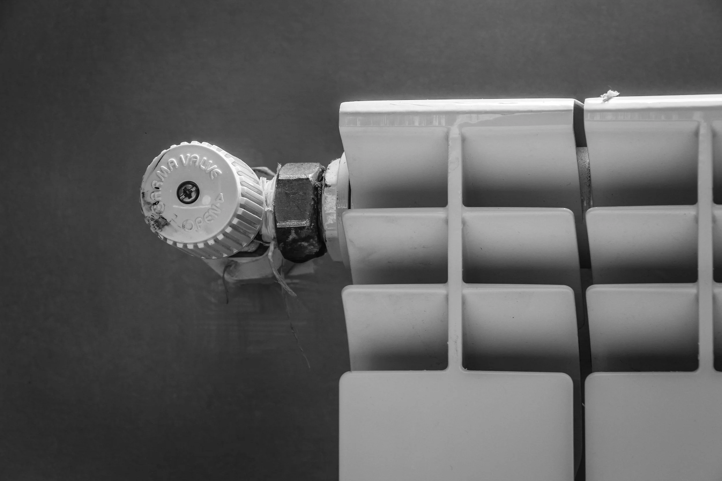 Close-up of a radiator valve and control knob in black and white.