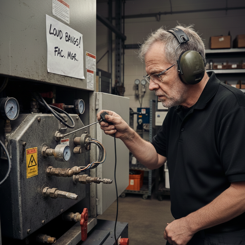 An experienced heating engineer inspects a commercial boiler which has been reported as banging.