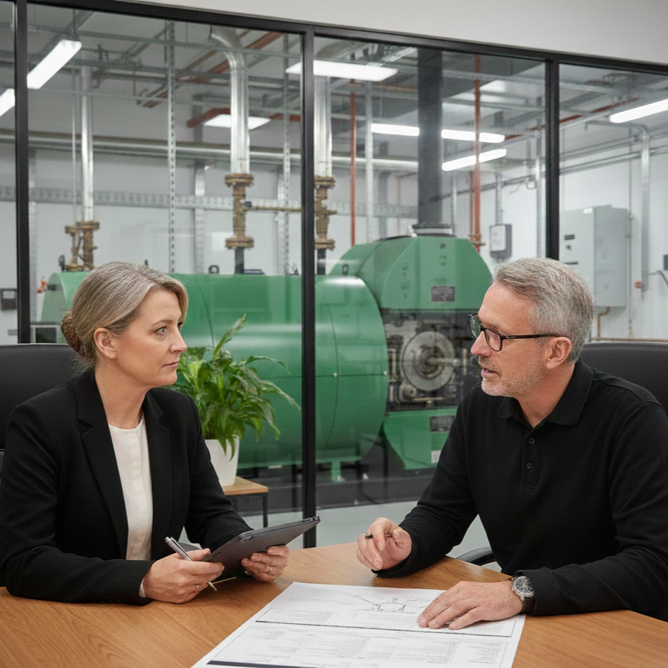 Two professionals, a woman with gray hair and a man with glasses, having a discussion at a table inside an industrial or technical facility with green machinery visible through a glass partition.