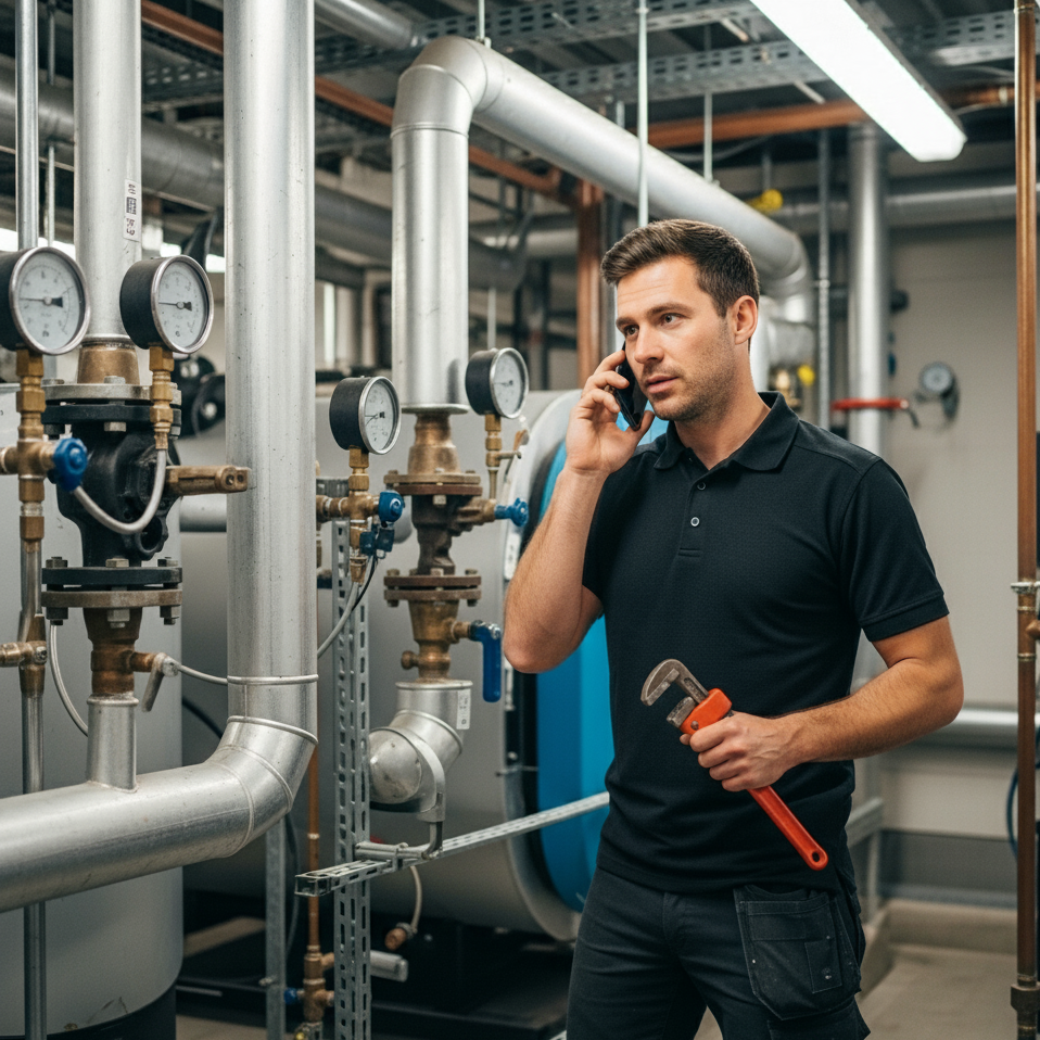 A technician in a black polo shirt holding a wrench and talking on a cellphone in an industrial boiler room with pipes and gauges.