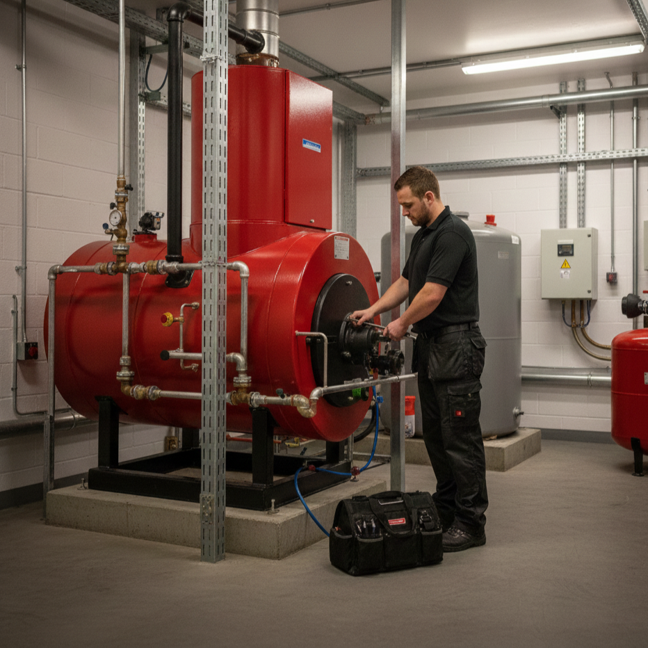 A technician working on a large red industrial boiler in a mechanical room, with pipes and control panels around.