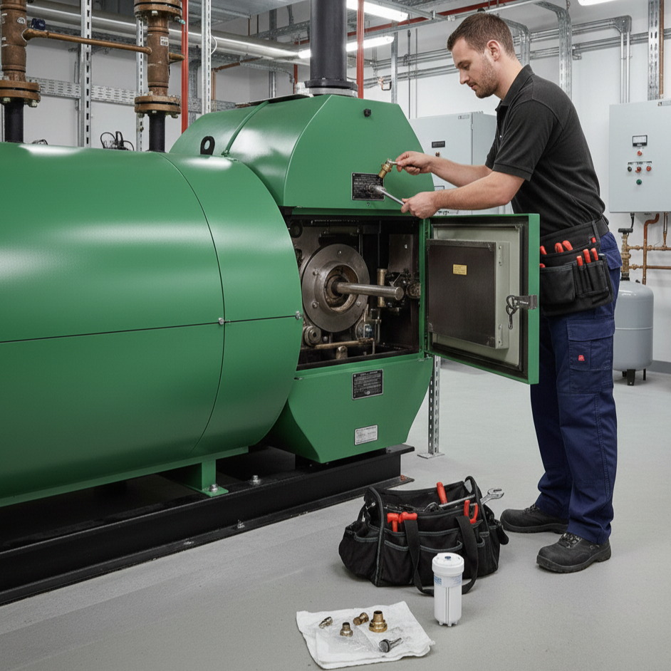 A technician working on a large green industrial boiler or heater in a mechanical room.