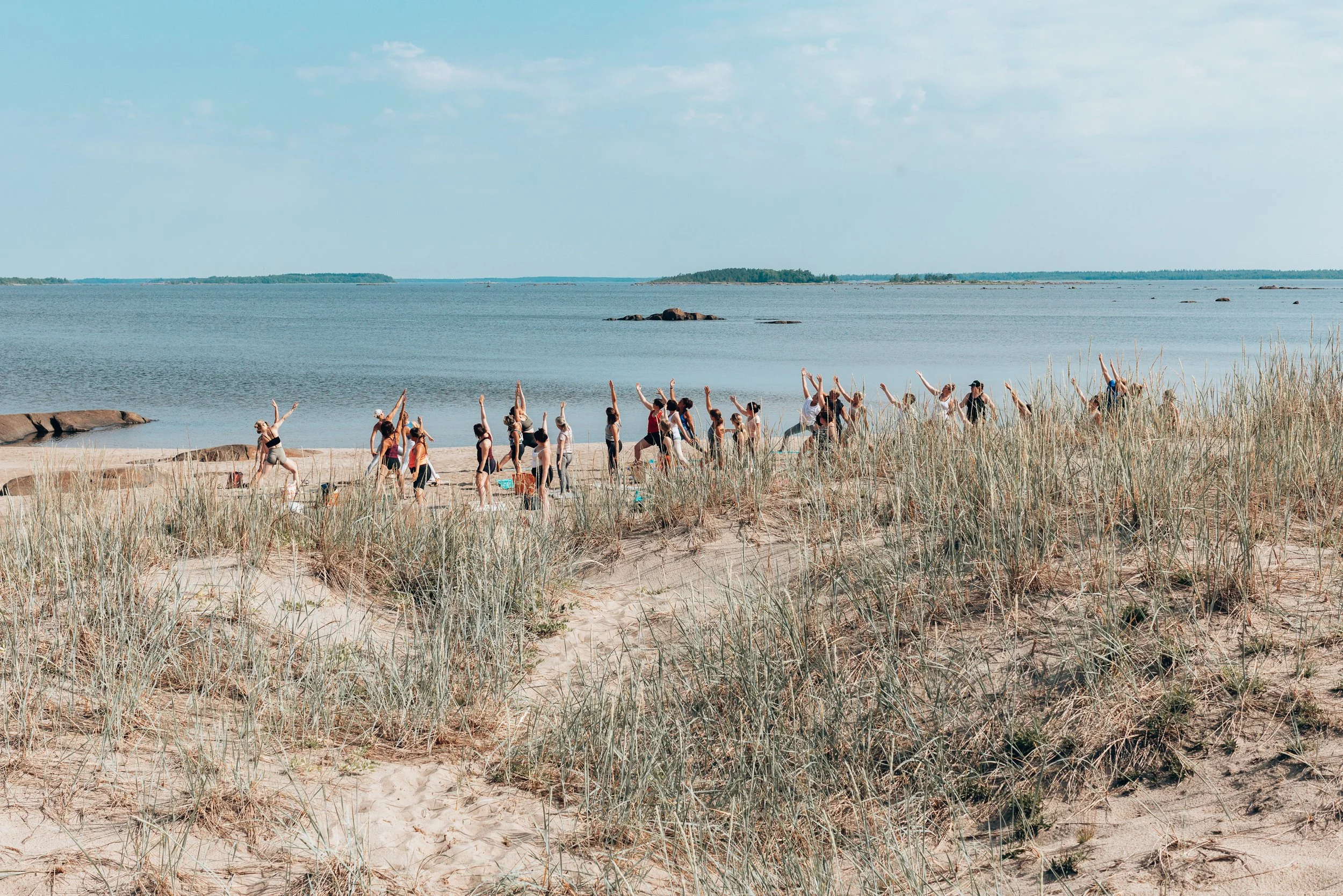 People practicing yoga on a beach with tall grass, near a body of water under a blue sky.