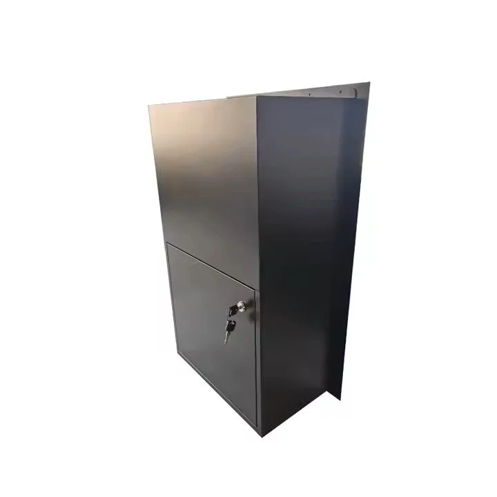 Metal cabinet with a lock and key, standing against a white background.