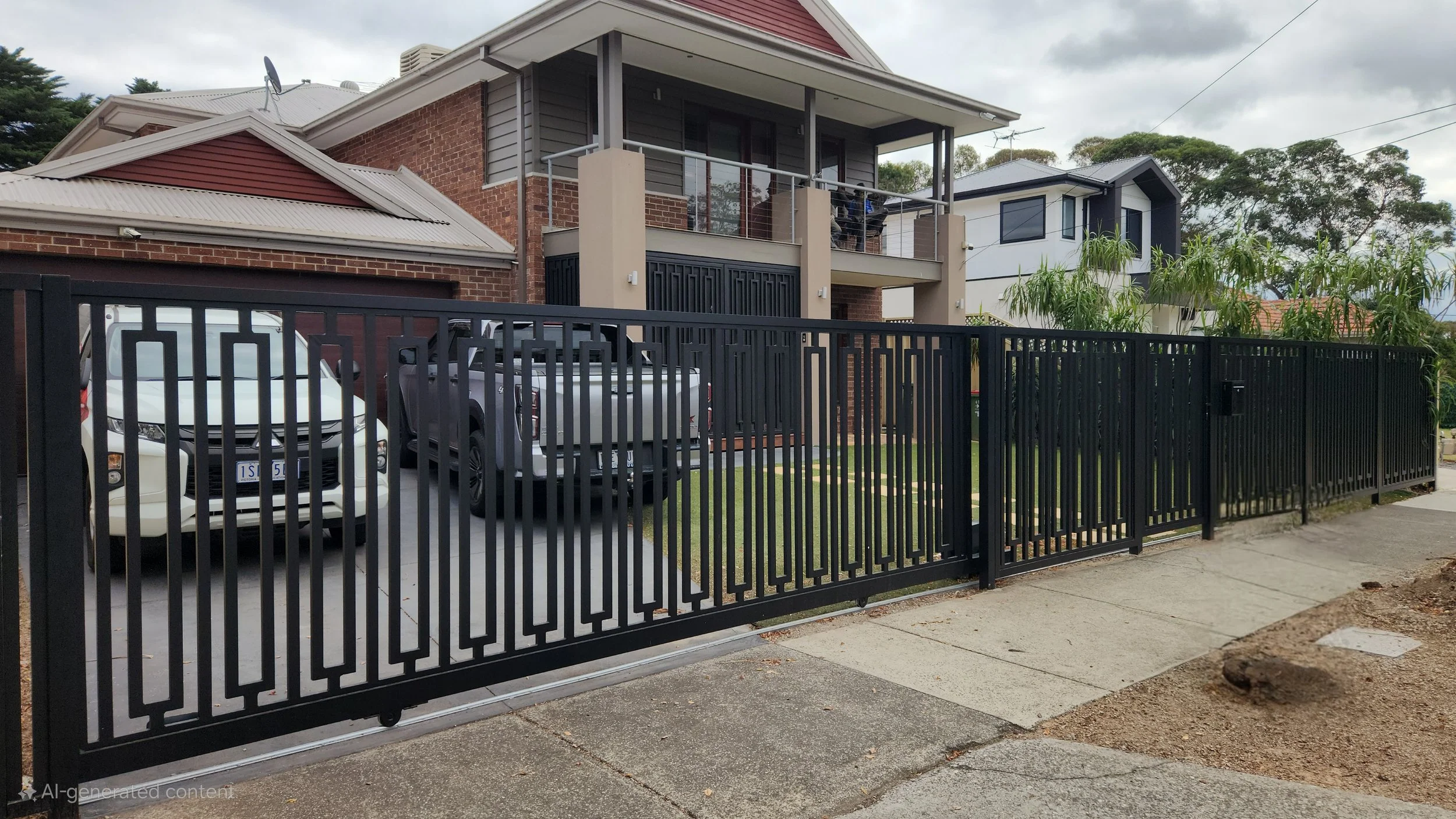 Modern two-story house with a black metal gate, a driveway with three parked cars, balcony, and a small lawn, surrounded by neighboring houses and trees.