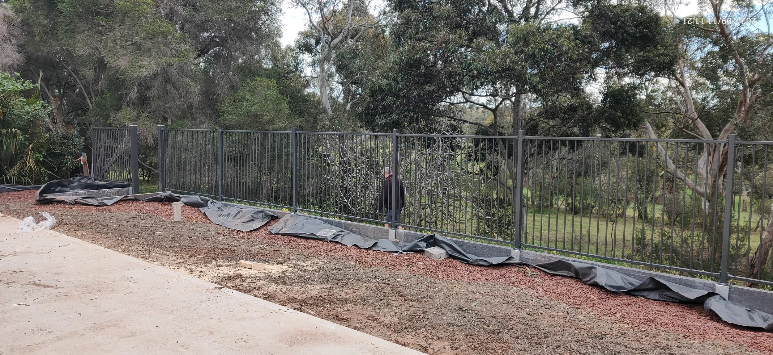 A person stands behind a black metal fence in an outdoor area with trees and grass in the background. The ground is partly covered with a tarp and dirt.