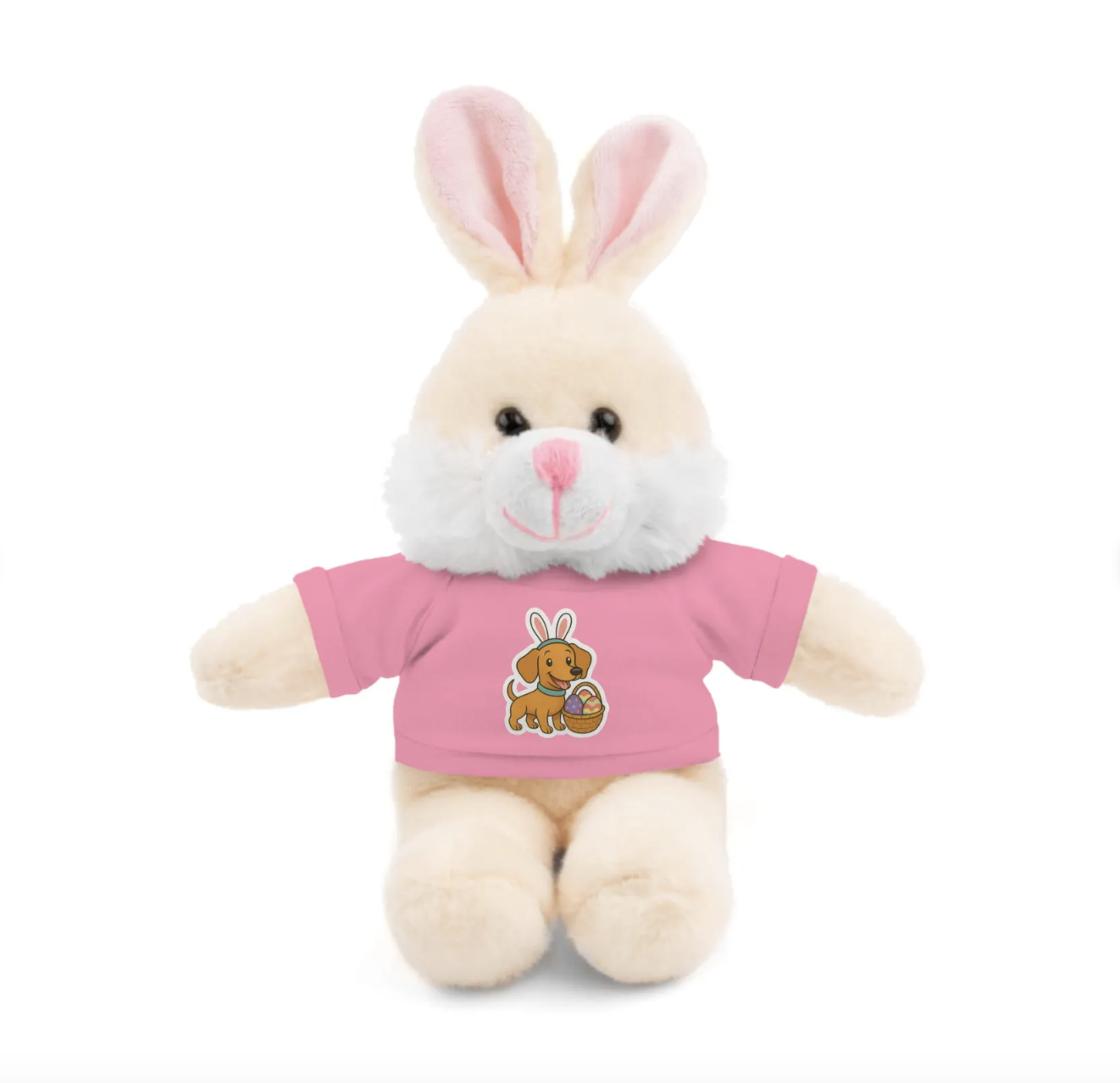 Cute Easter Bunny Plush Toy Wearing a Pink t-shirt featuring Cody The Dachshund Dog from Little Sausage Big World