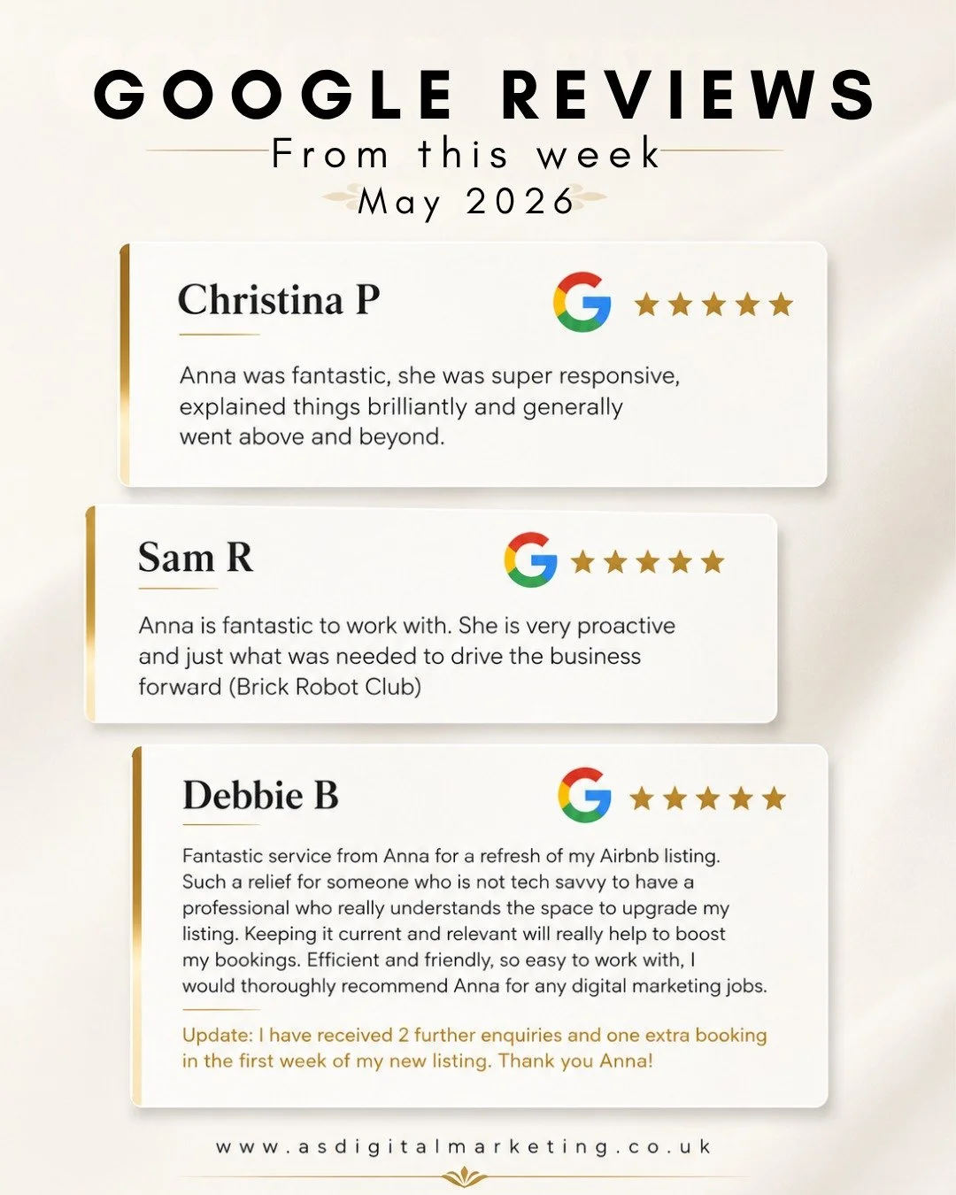 So grateful for another week of 5⭐️ reviews 
🤍 Thank you to all my amazing clients for your support, trust, and kind words.

#socialmediamarketing #businessgrowth #clientappreciation #womeninbusiness #supportsmallbusiness